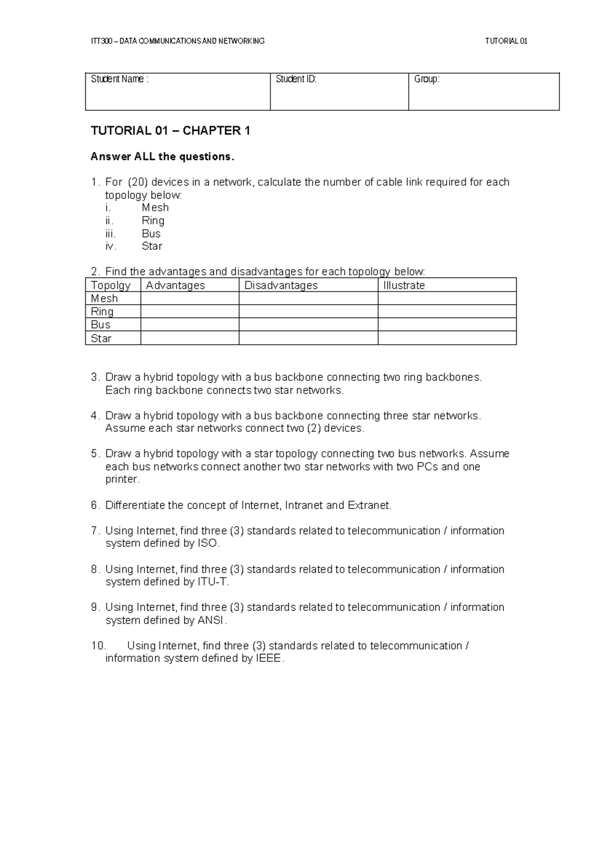ITT300 Data Communications and Networking - Tutorial 01 Questions and ...