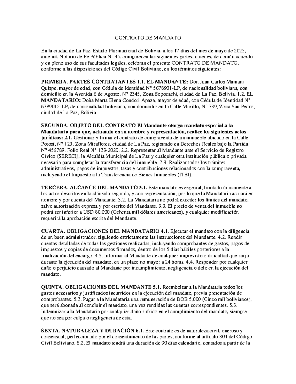 Contrato de Mandato - La Paz, Bolivia, Mayo 2025 - Document Preview