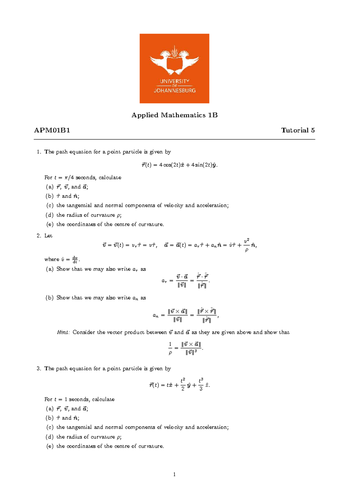 Applied Mathematics 1B APM01B1 Tutorial 5 Questions and Solutions - Studocu