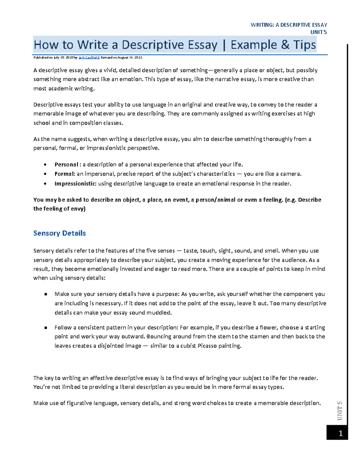 WRITING: A DESCRIPTIVE ESSAY UNIT 5 - Techniques and Examples - Studocu
