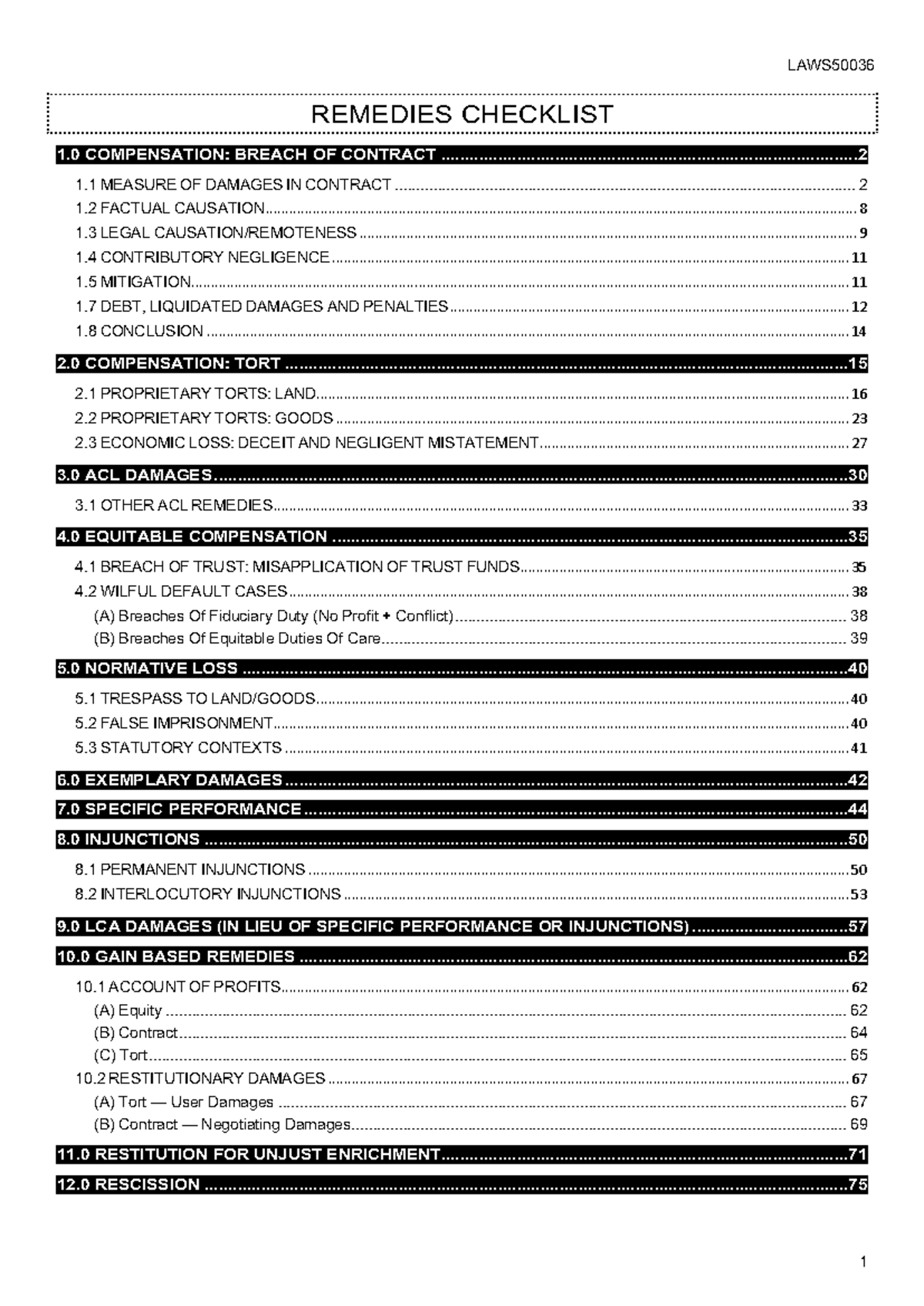 LAWS50036 REMEDIES COMPREHENSIVE CHECKLIST: DAMAGES & CAUSATION - Document Preview