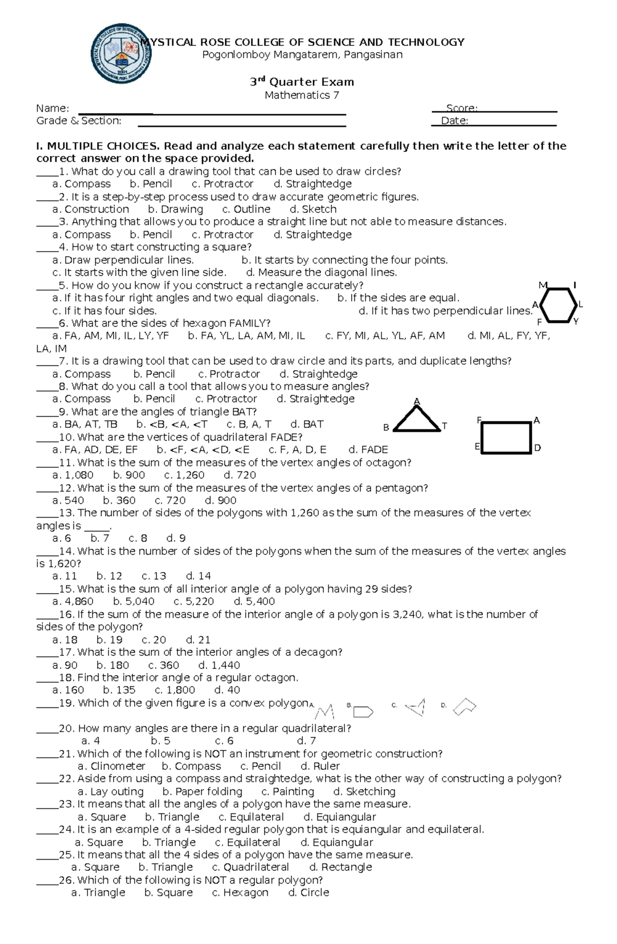 Mathematics 7 Q3 - Multiple Choice Exam Review Notes - Studocu