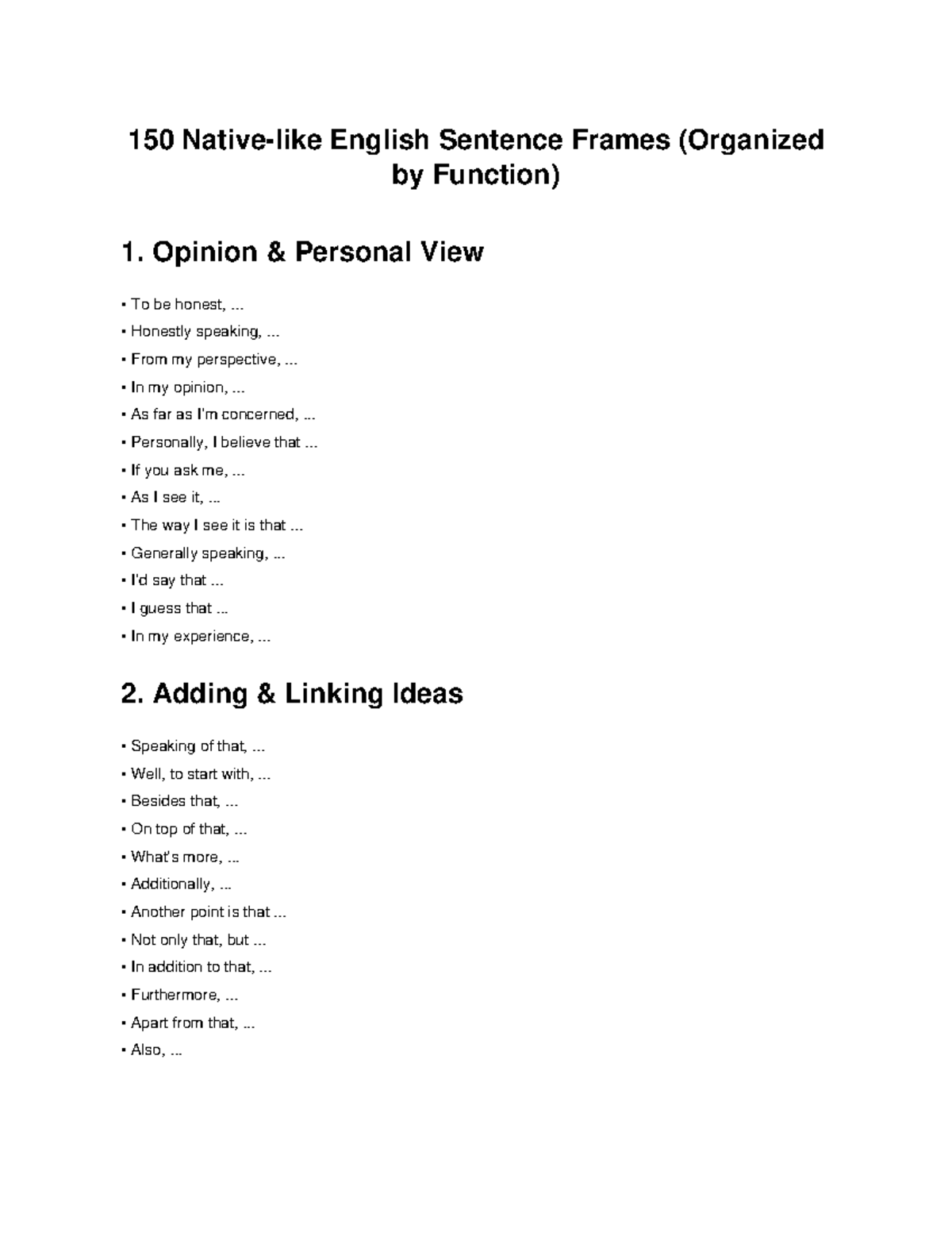 150 English Sentence Frames by Function for Effective Communication ...