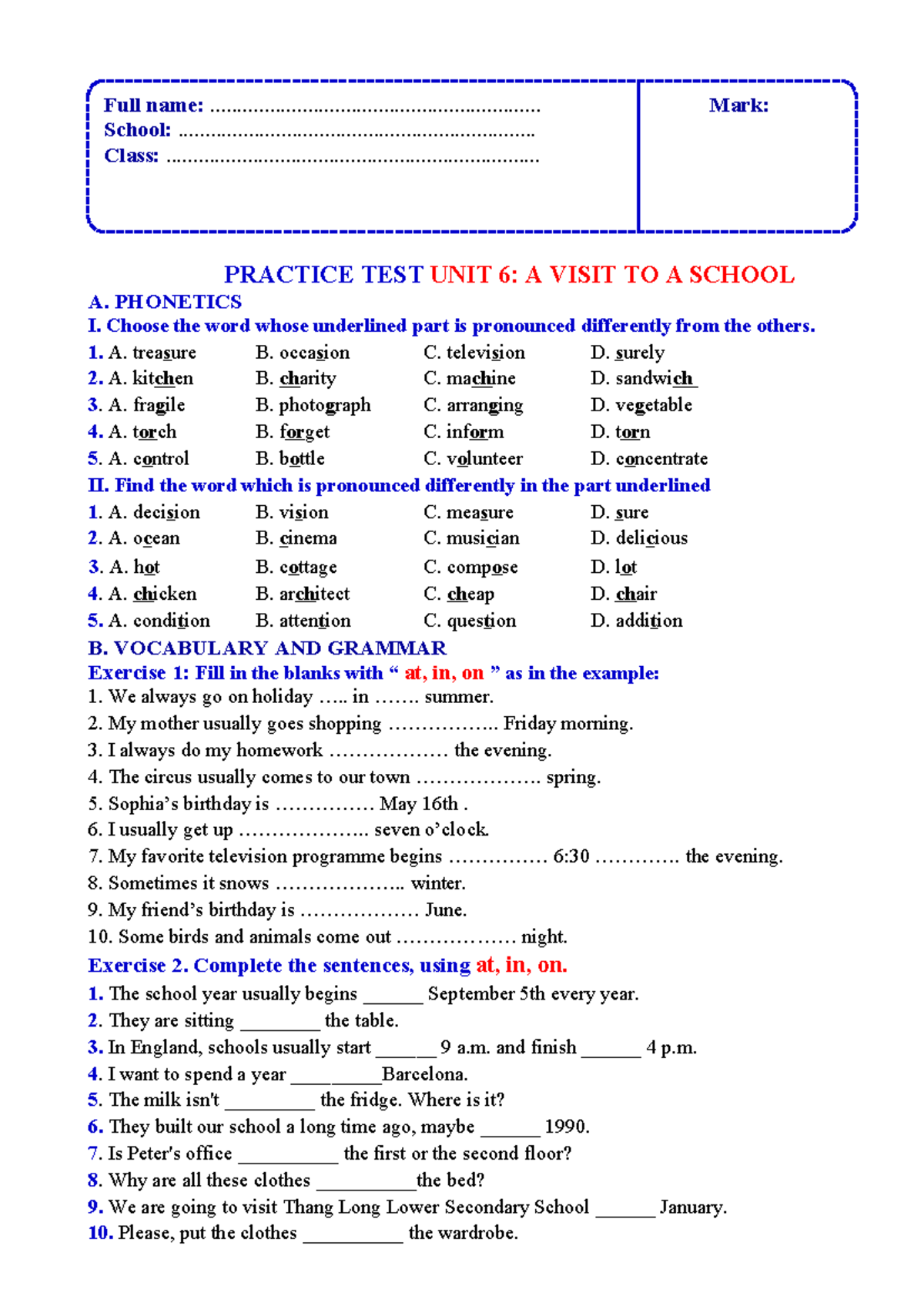 Practice Test Unit 6: A Visit to a School - Homework - Studocu