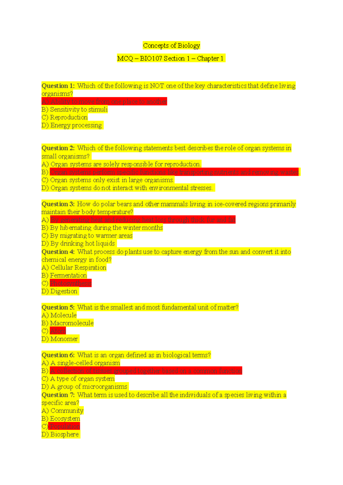 Quiz - BIO107 Chapter 1: Key Concepts in Biology MCQs - Studocu