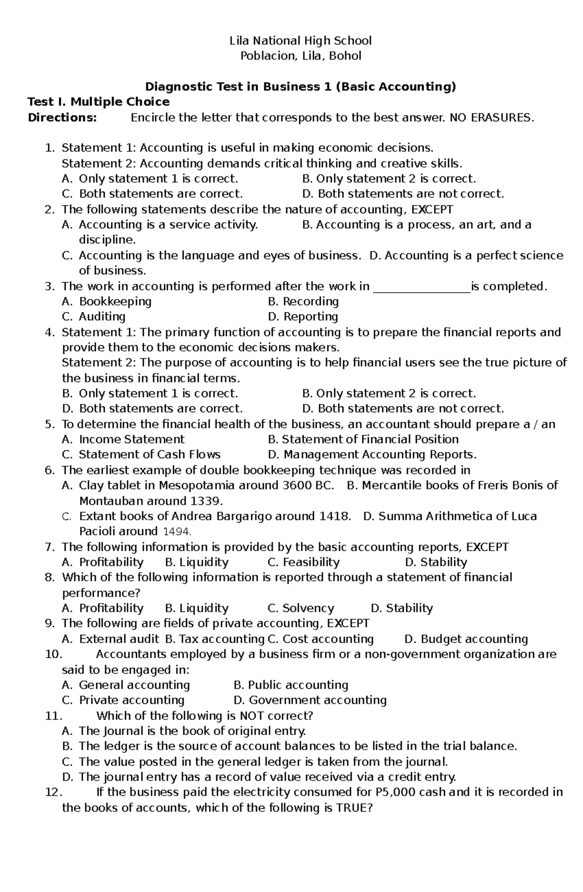 Diagnostic Test in Business 1 (Basic Accounting) - Test I & II - Studocu
