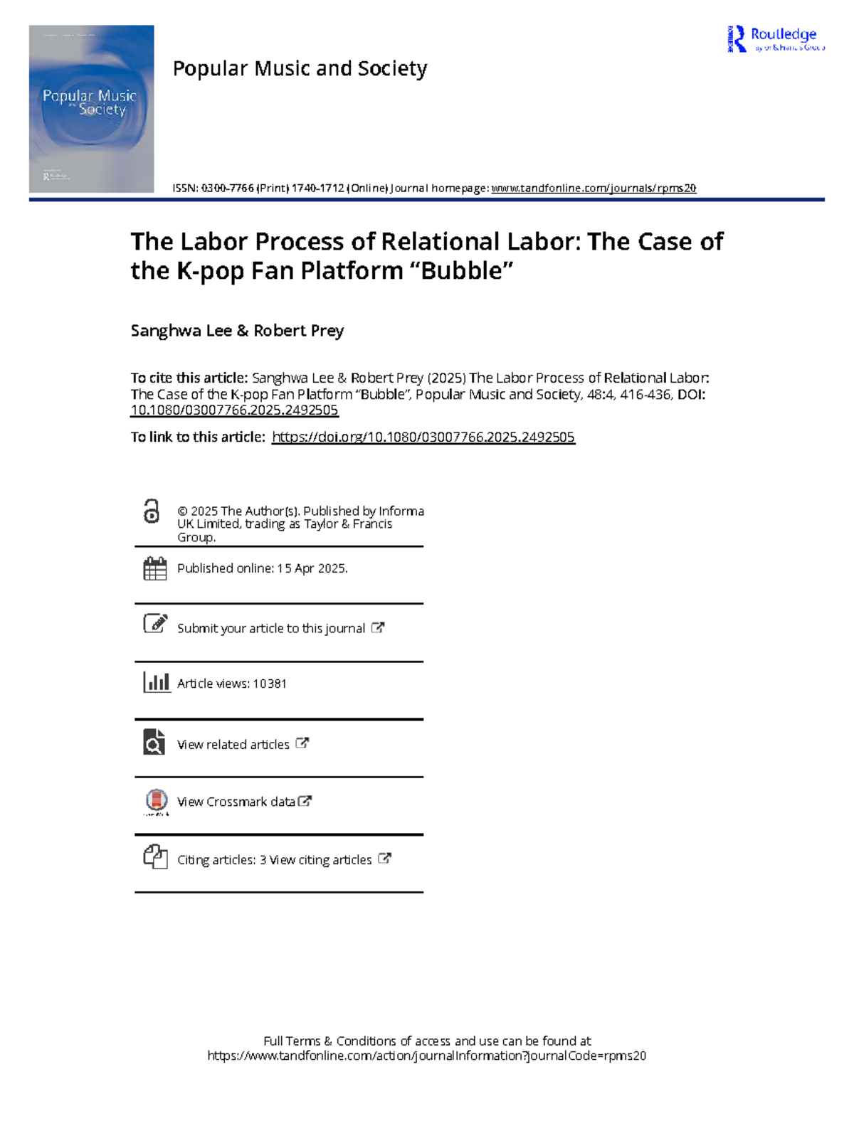The Labor Process of Relational Labor: Analyzing K-pop Fan Platform ...