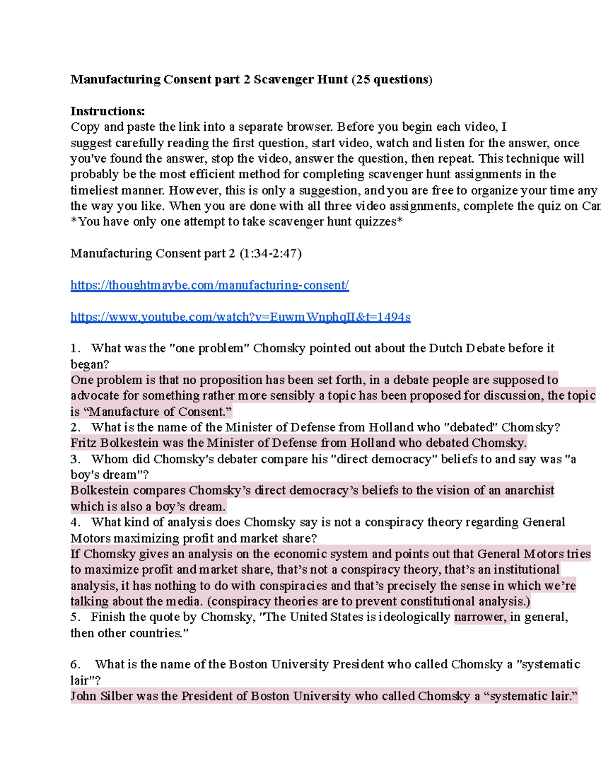 Manufacturing Consent Part 2 Scavenger Hunt (25 Qs) - Notes by Gianna ...