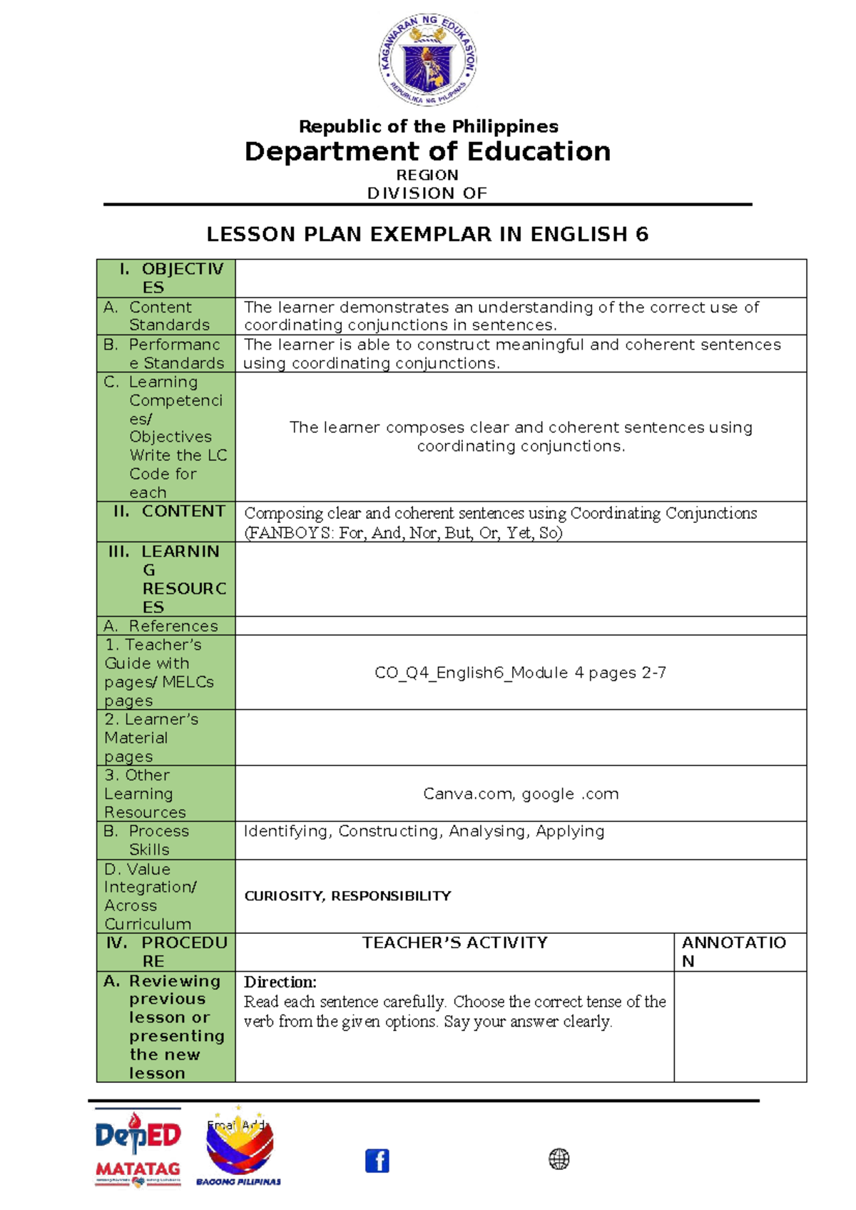 CO English 6 Q4 Lesson Plan: Mastering Coordinating Conjunctions - Studocu