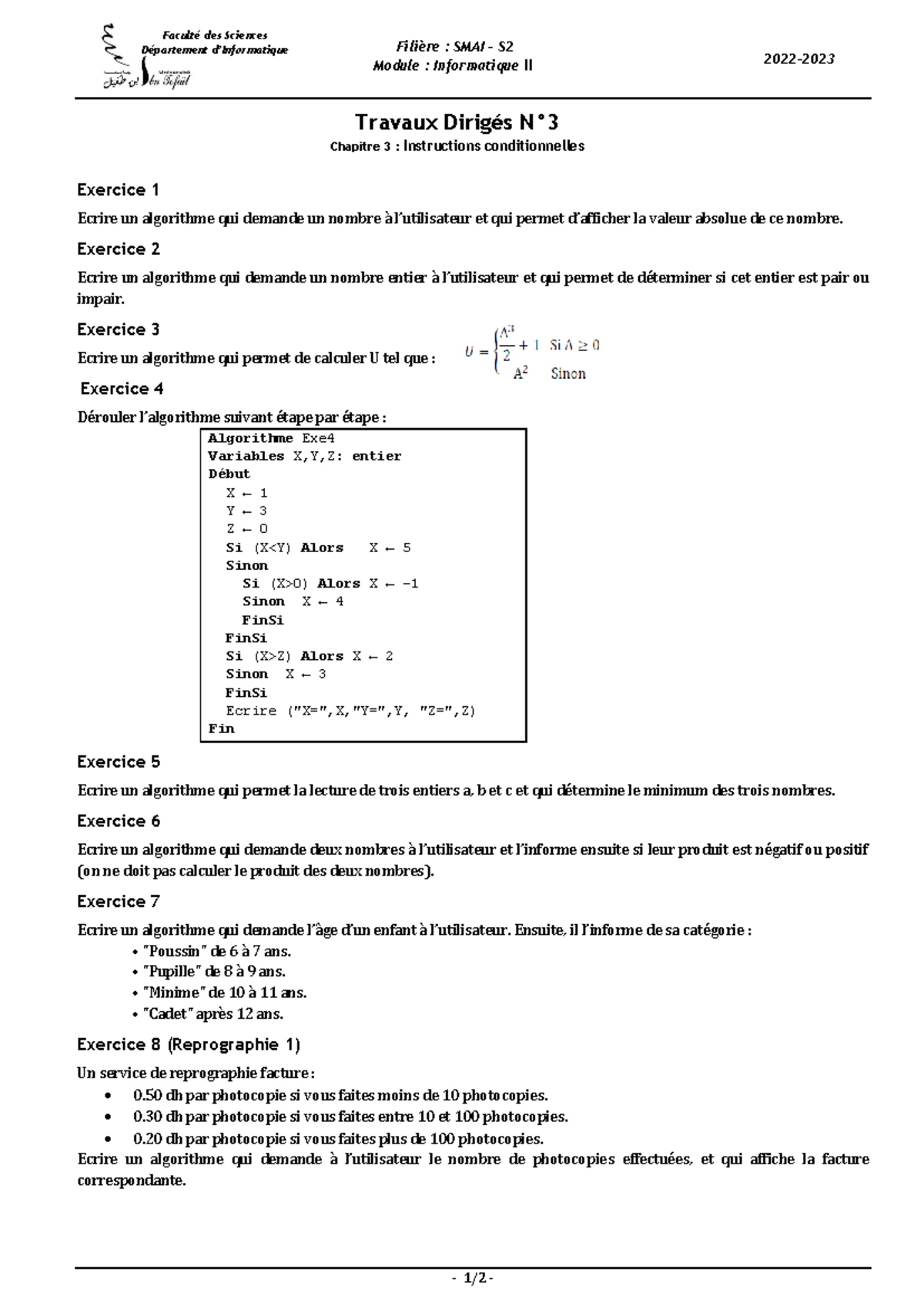 TD3 - Cours sur les Algorithmes et Conditions en Informatique II - Studocu