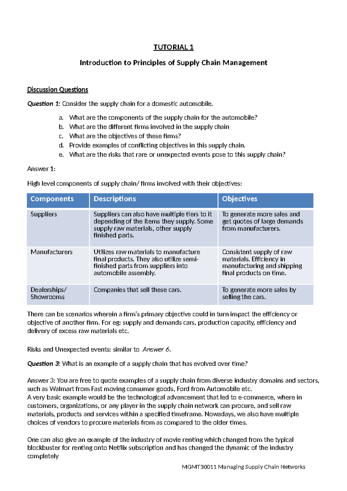 Tutorial 1 - Question & Answers - MGMT30011 Managing Supply Chain ...