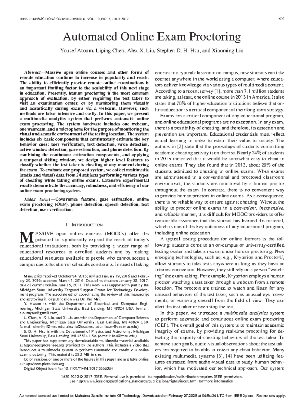 Automated Online Exam Proctoring - IEEE TRANSACTIONS ON MULTIMEDIA, VOL ...