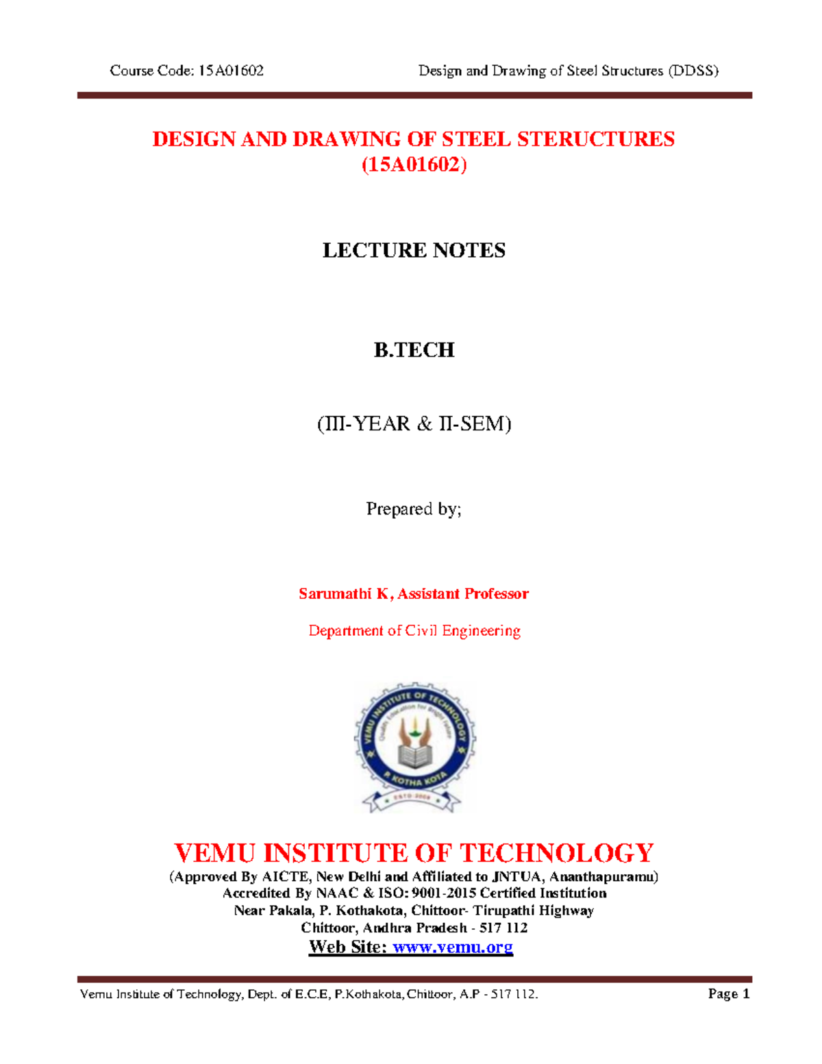 15A01602 DDSS Lecture Notes: Design & Drawing of Steel Structures - Studocu