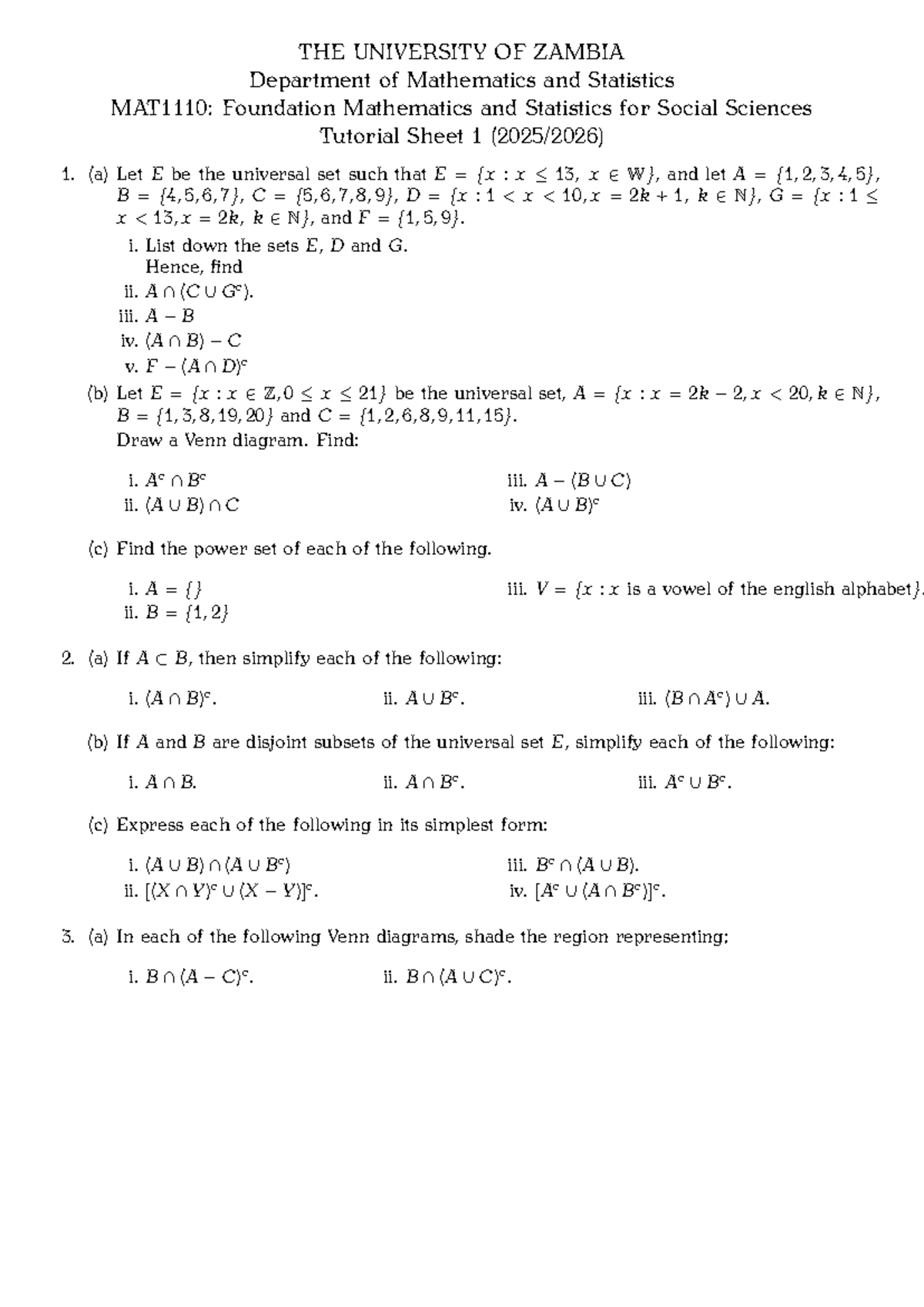 Math 1110 Tutorial Sheet 1: Sets, Venn Diagrams, and Surveys - Studocu