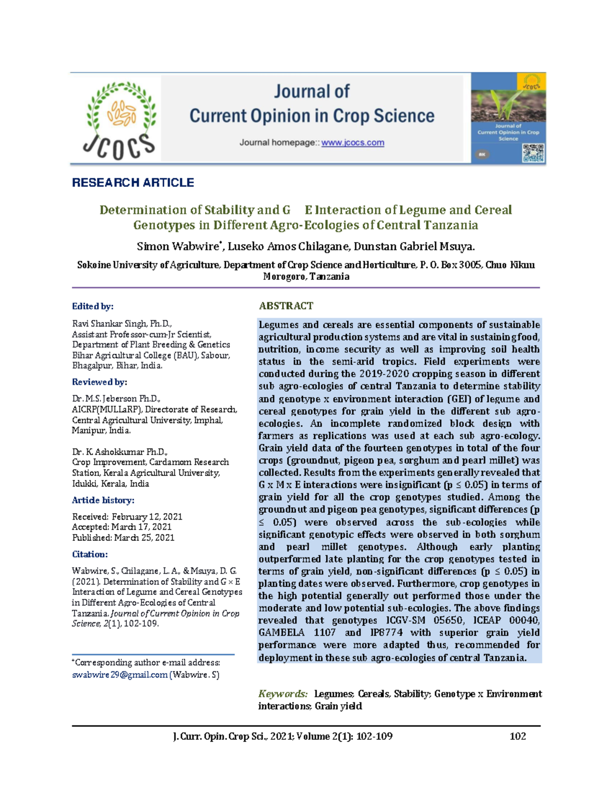 Determination of Stability and GxE Interaction in Legume & Cereal ...