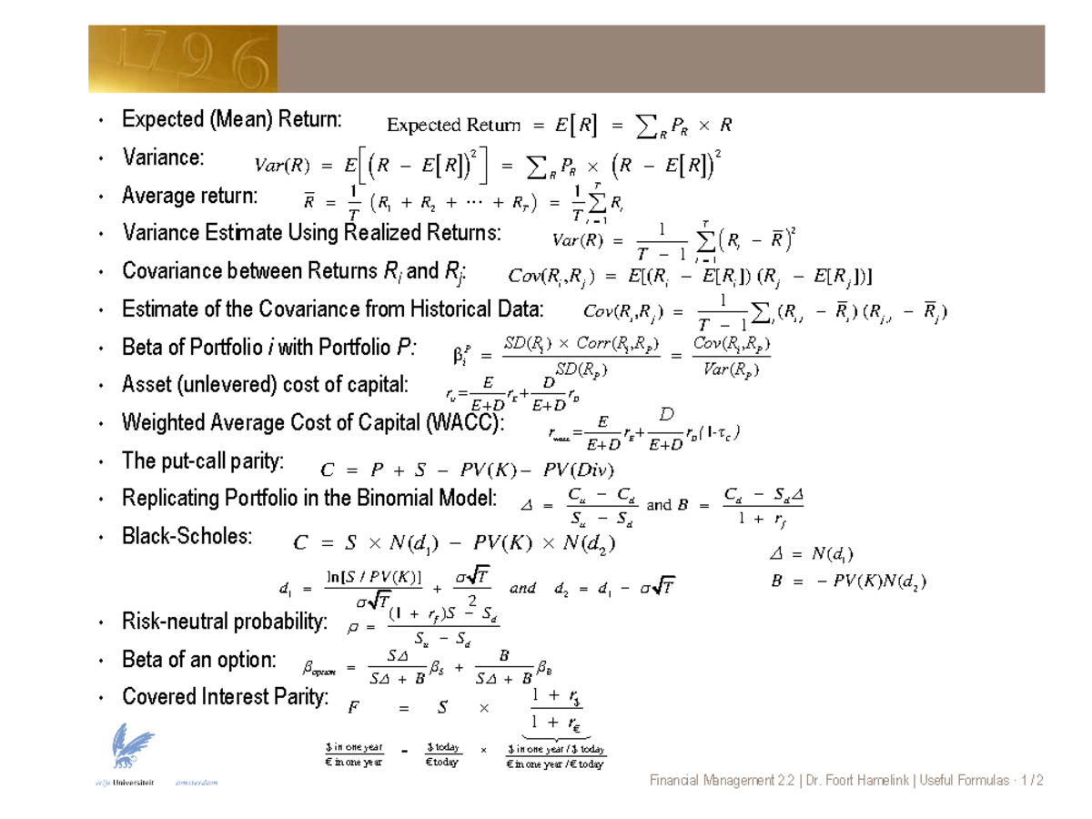 Financial Management 2.2: Key Formulas for Quick Reference - Studeersnel