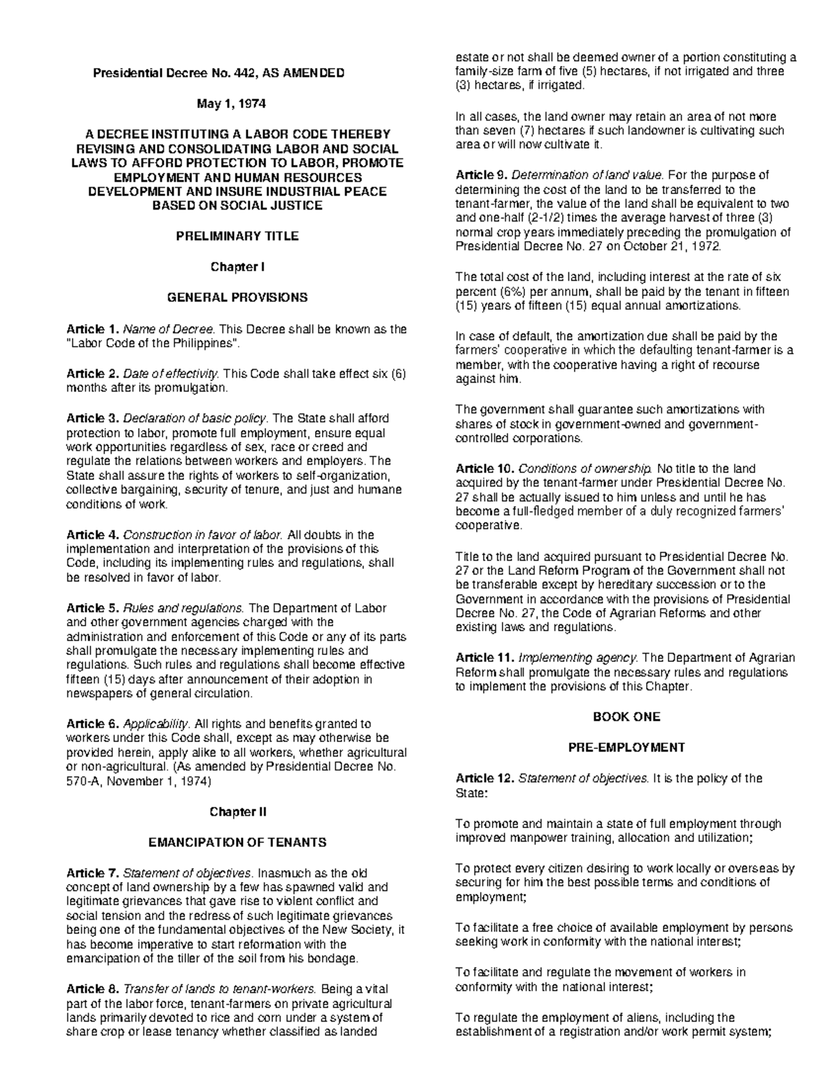 Labor Law Overview: Presidential Decree No. 442 and Amendments - Studocu