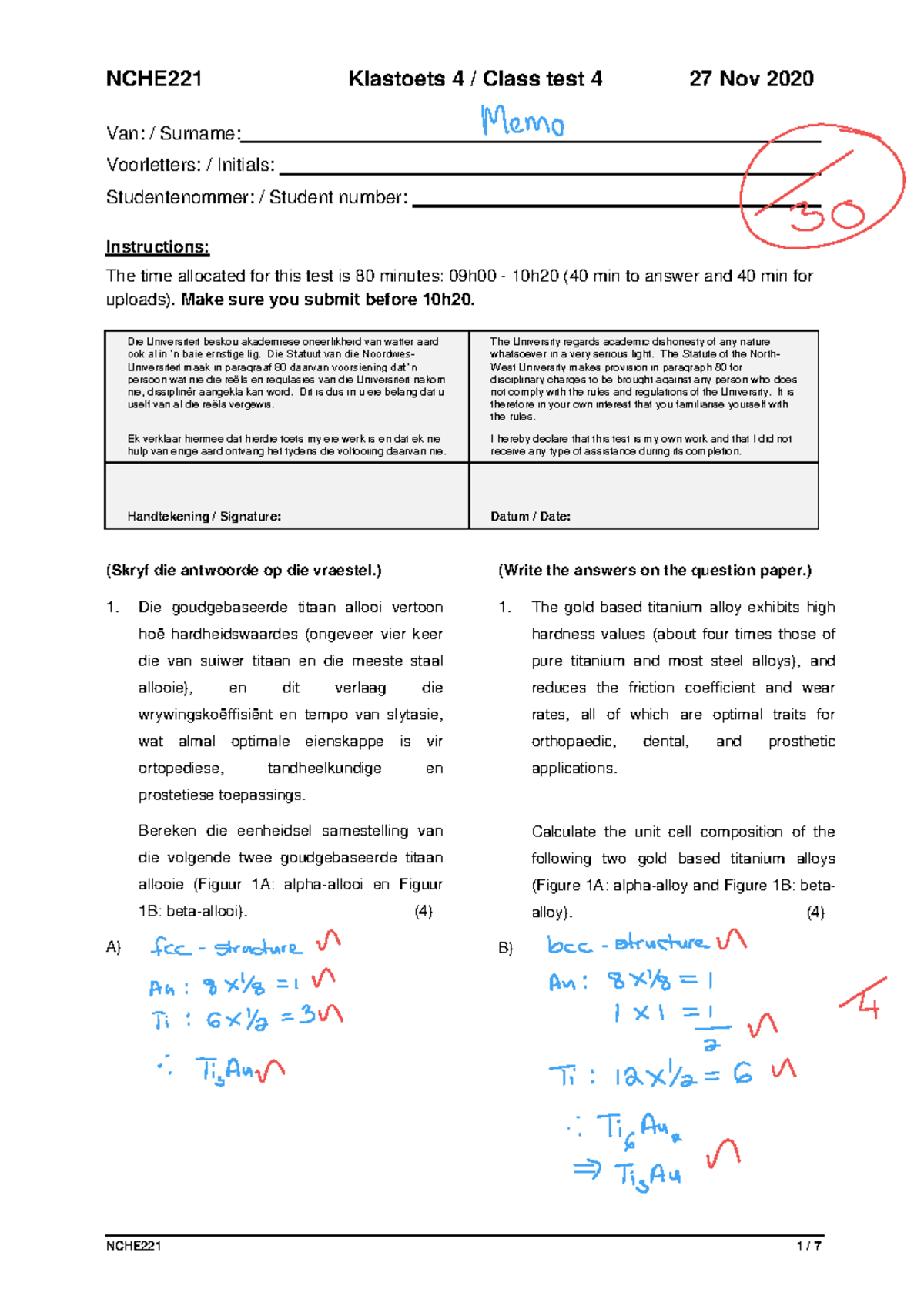 NCHE221 Test 4 202011 27 Memo - NCHE221 Klastoets 4 / Class test 4 27 ...