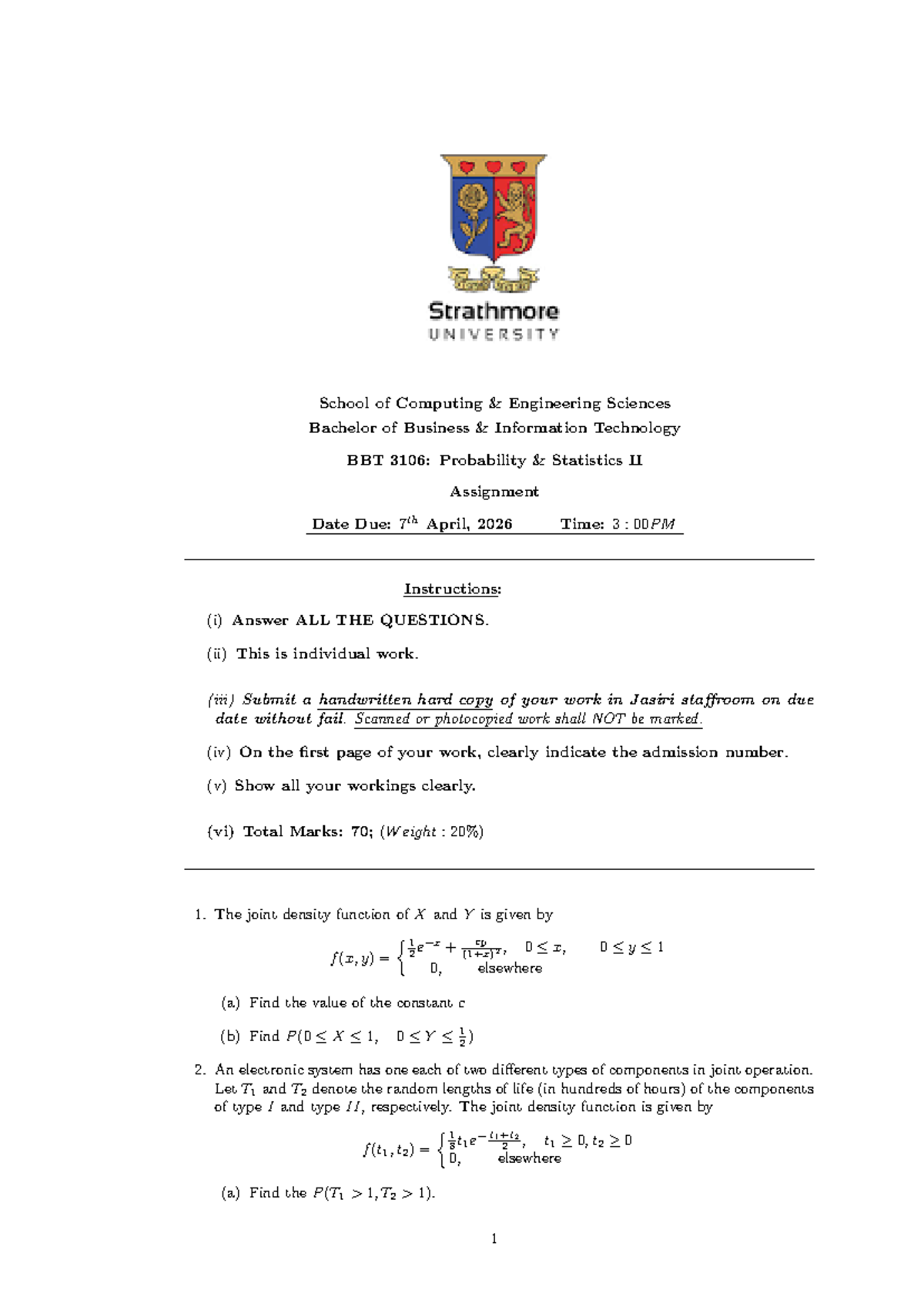 BBT 3106: Probability Statistics II Assignment 3 Guidelines - Studocu