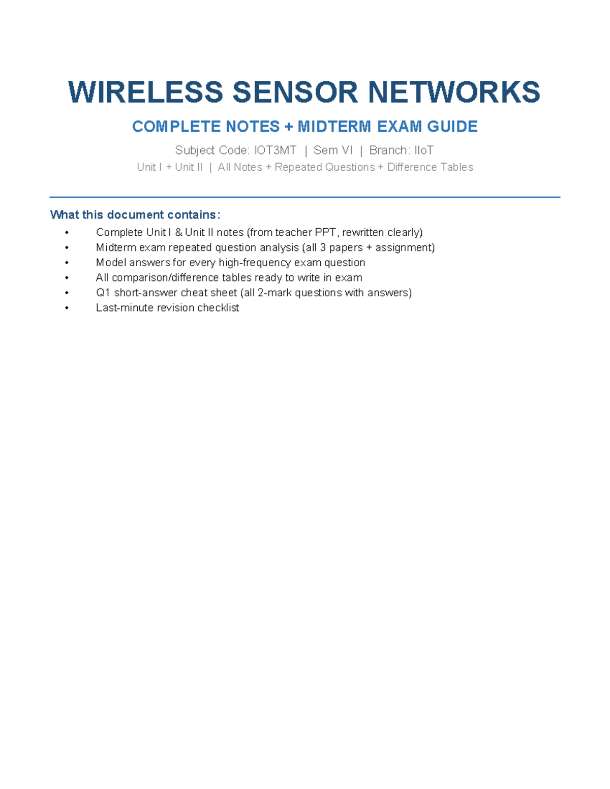 WSN MEGA NOTES FINAL EXAM GUIDE - IOT3MT Sem VI - Studocu