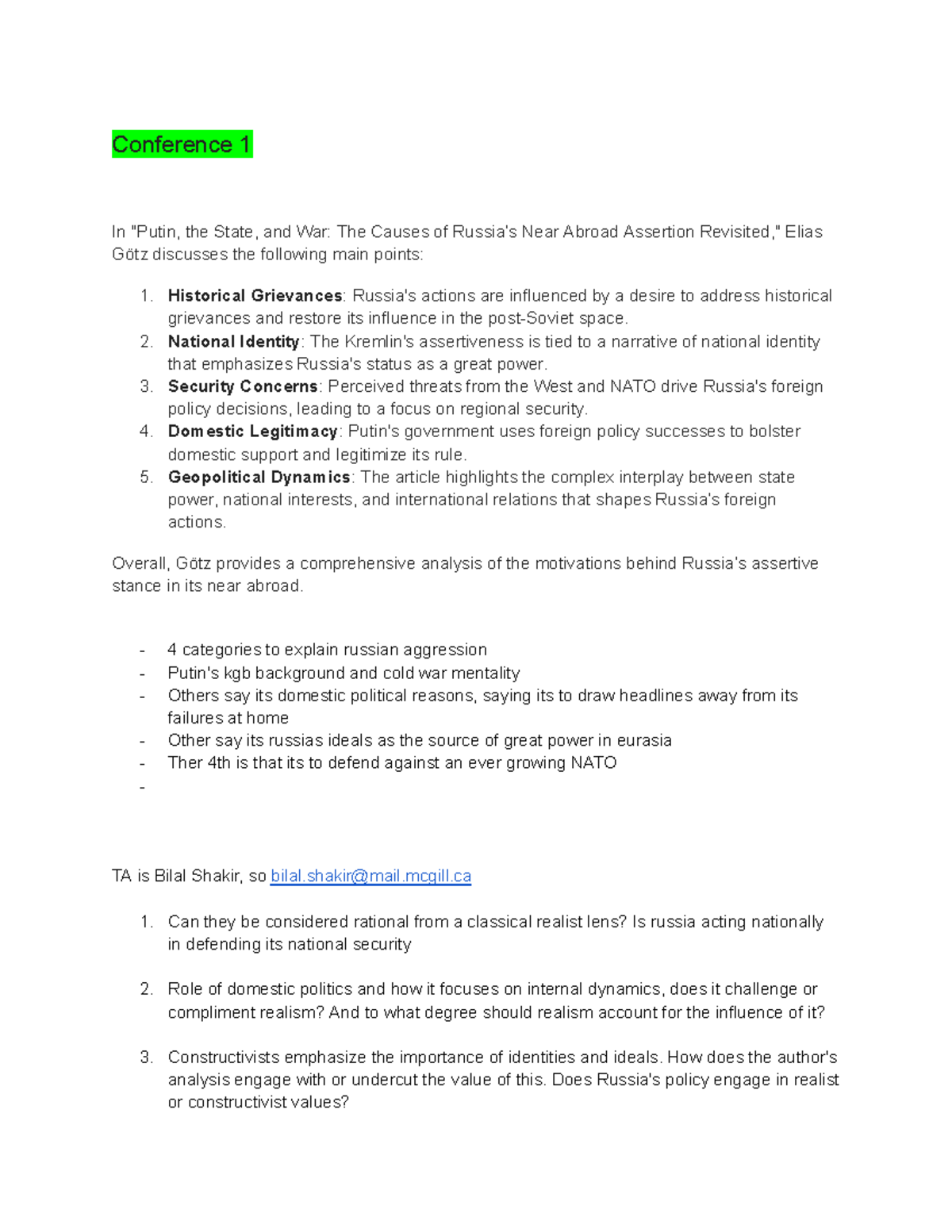Poli 244 Conference Notes - Conference 1 In "Putin, the State, and War ...
