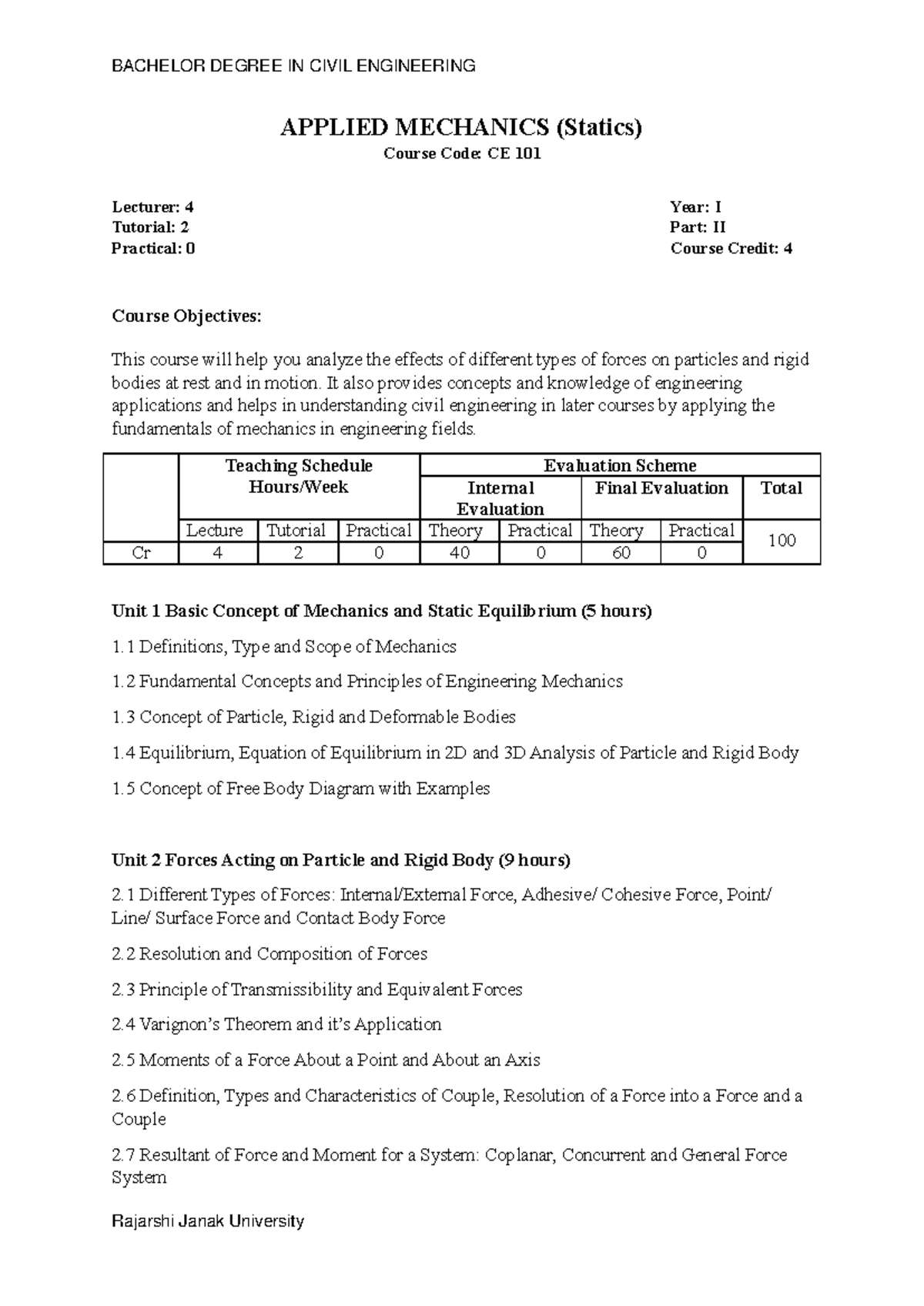 Applied Mechanics I & II - CE 101 - Bachelor in Civil Engineering - Studocu