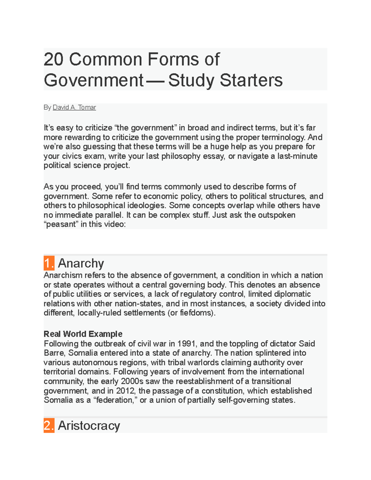 20 Common Forms of Government: Key Concepts & Examples - Studocu