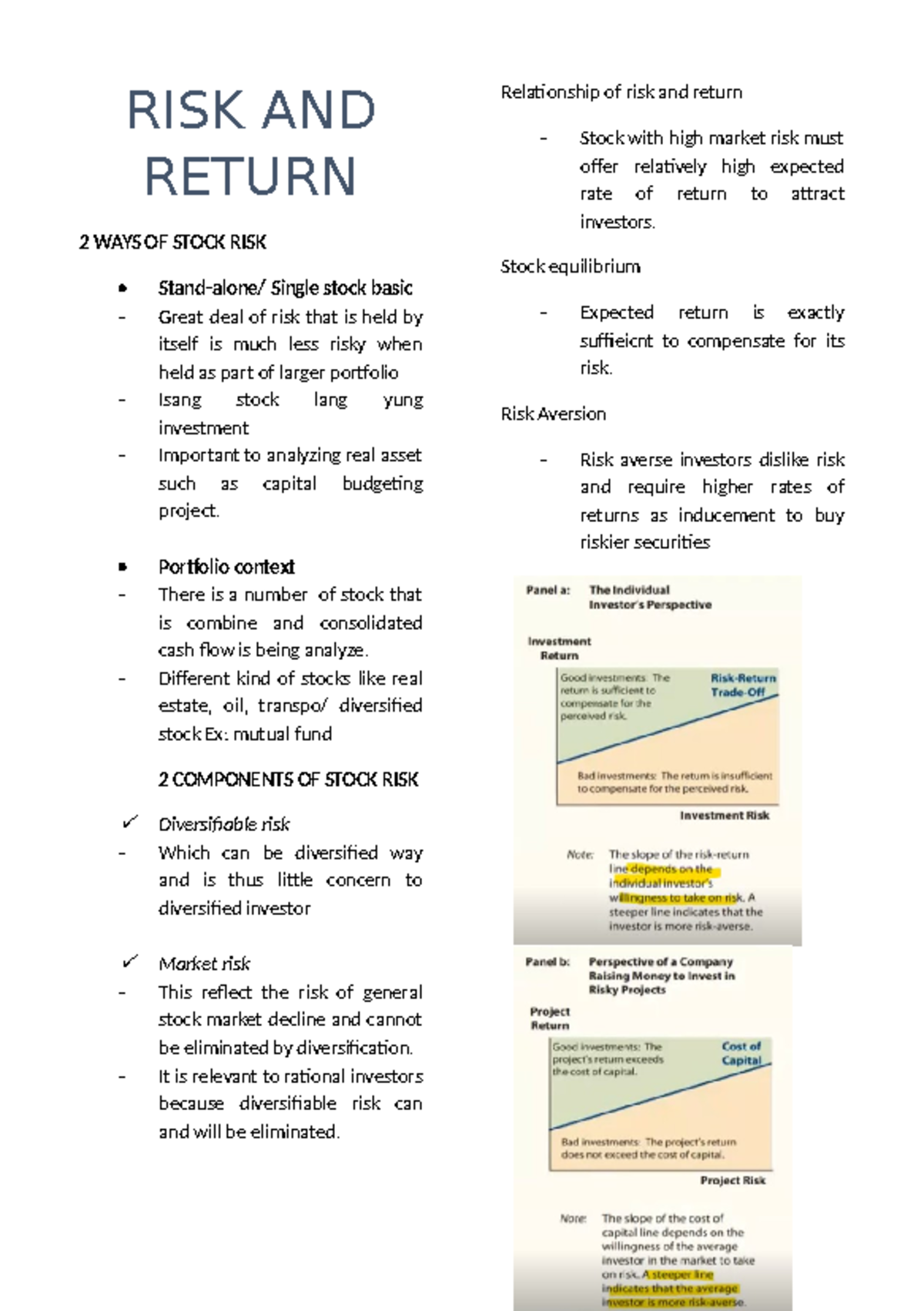 RISK AND Return - RISK AND RETURN 2 WAYS OF STOCK RISK Stand-alone ...