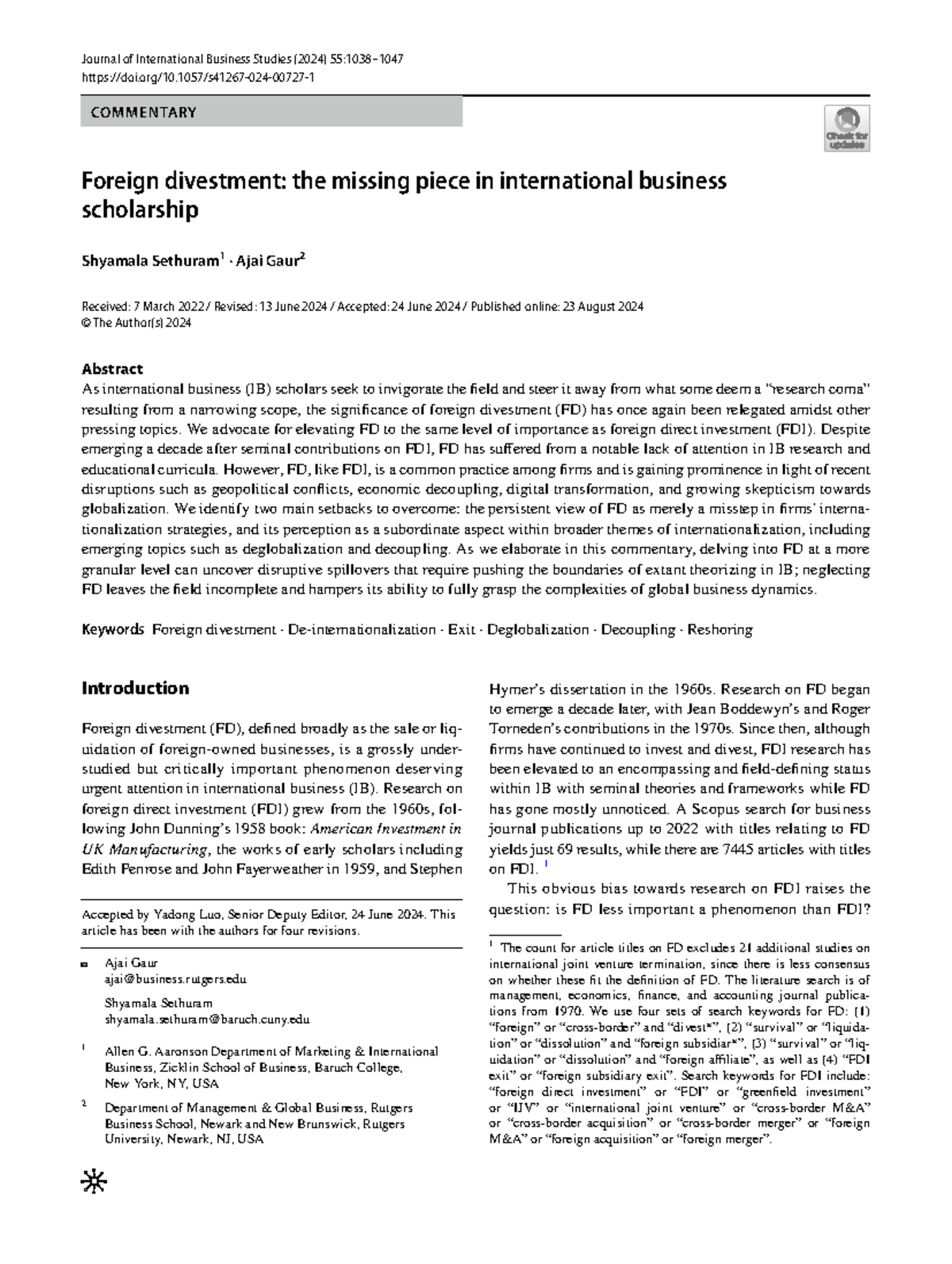 Foreign Divestment in International Business: A Critical Commentary ...