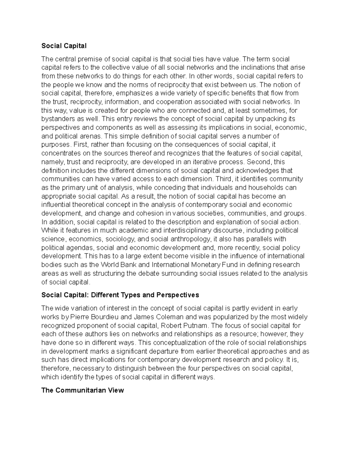 SOC 101: Understanding Social Capital and Its Perspectives - Studocu