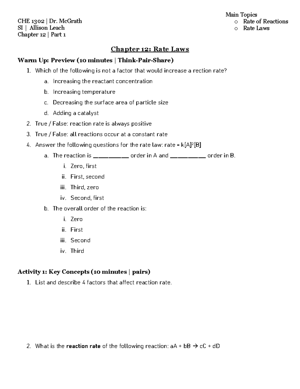 CHE 1302 Chapter 12 Part 1: Rate of Reactions & Rate Laws Notes - Studocu