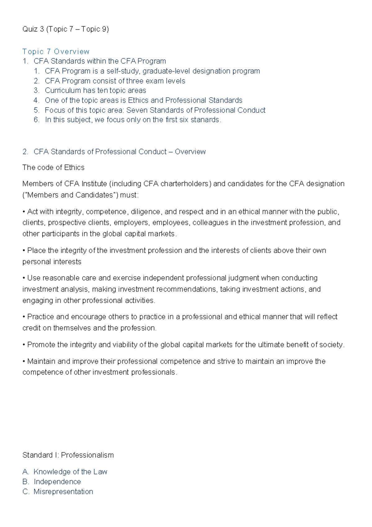 Quiz 3: Overview of CFA Standards and Professional Conduct - Studocu