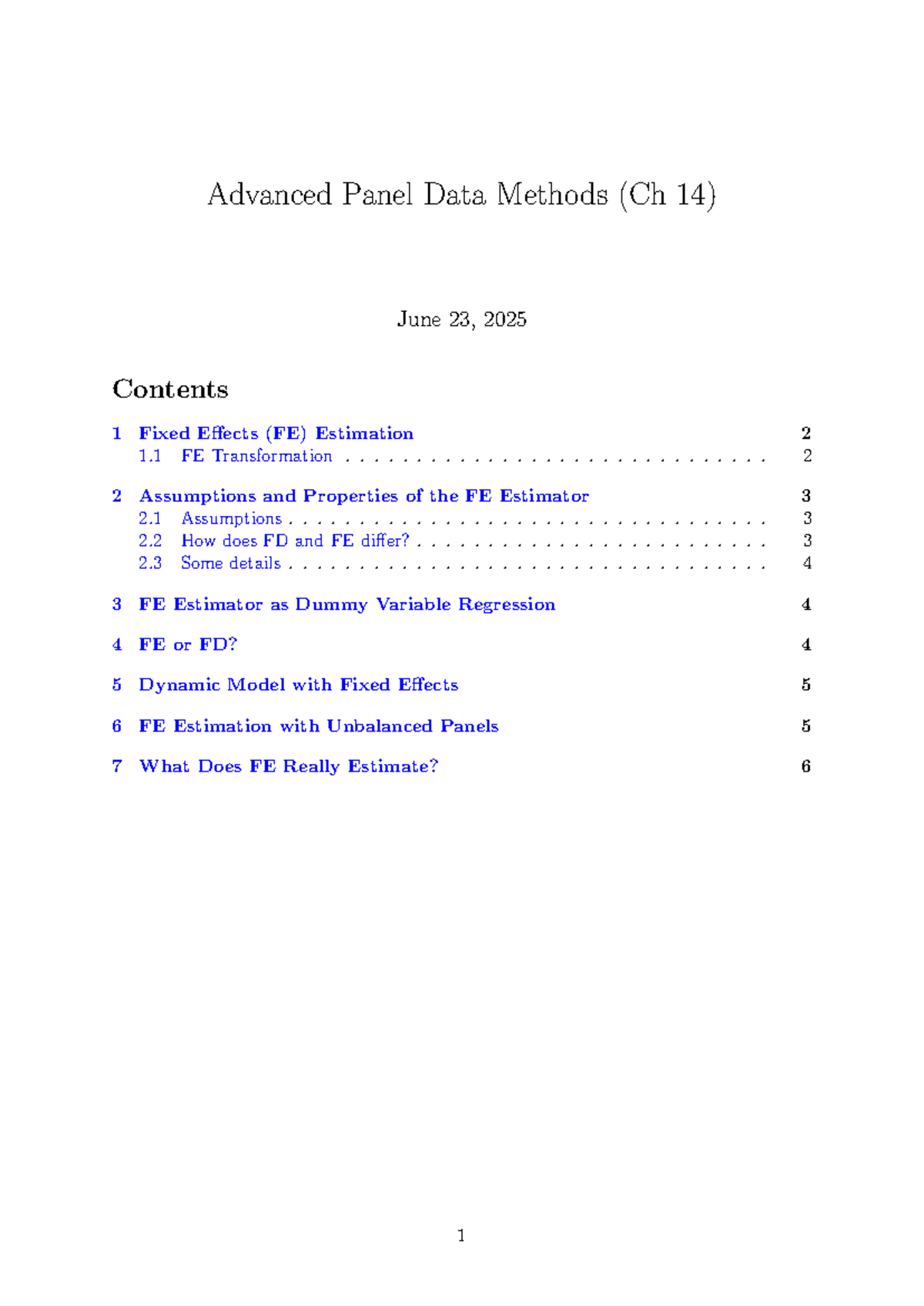 Advanced Panel Data Methods (Ch 14) - Fixed Effects Estimation - Studocu