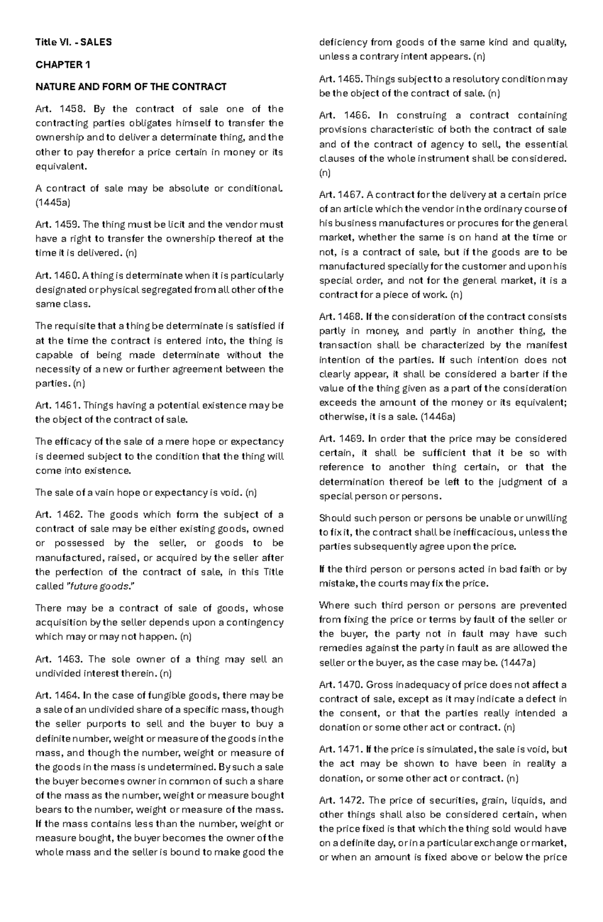 Civil Code Sales: Chapter 1 - Nature and Form of the Contract - Studocu