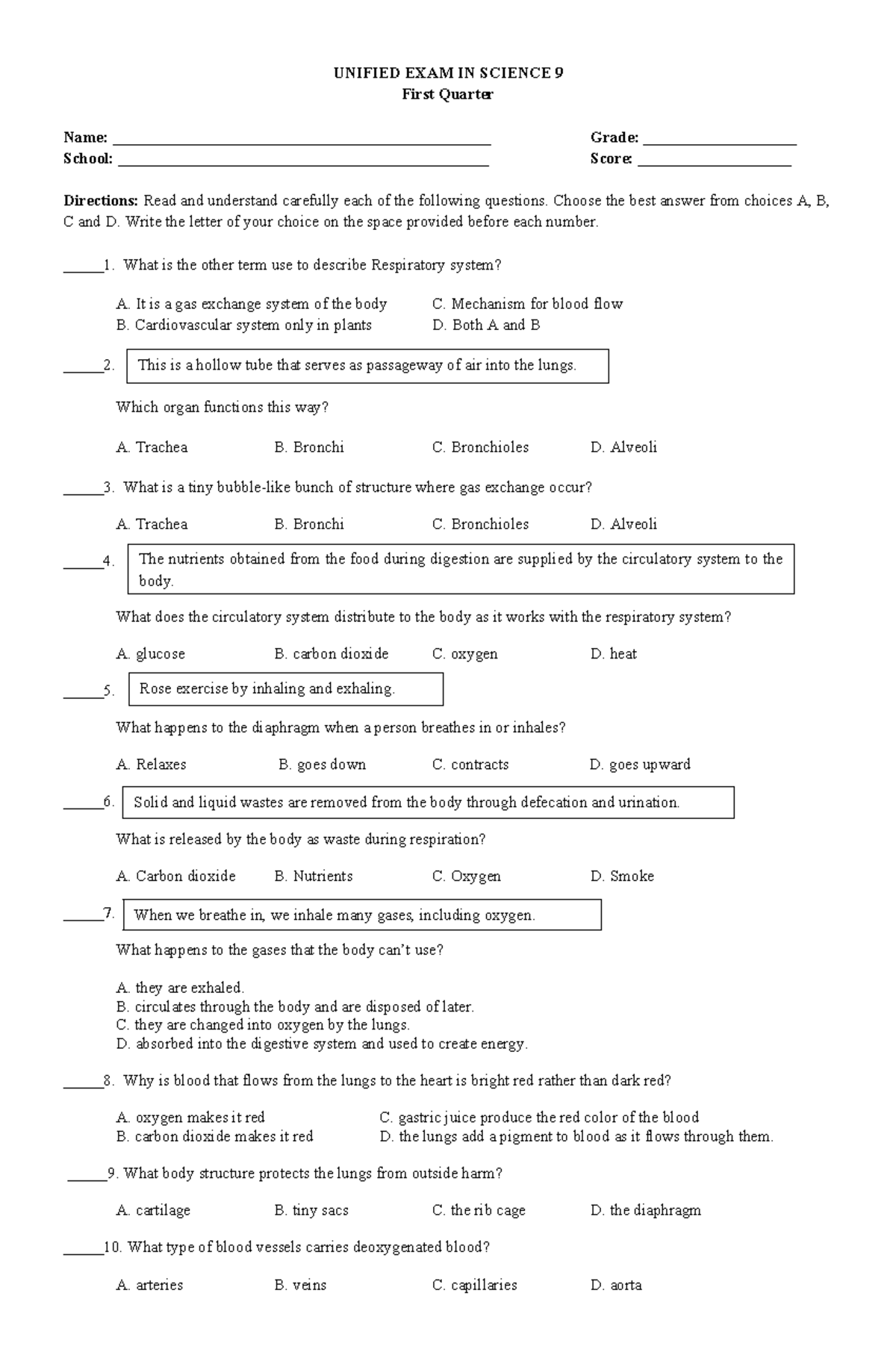 UNIFIED EXAM IN SCIENCE 9: Test Questions & Answer Key - Studocu