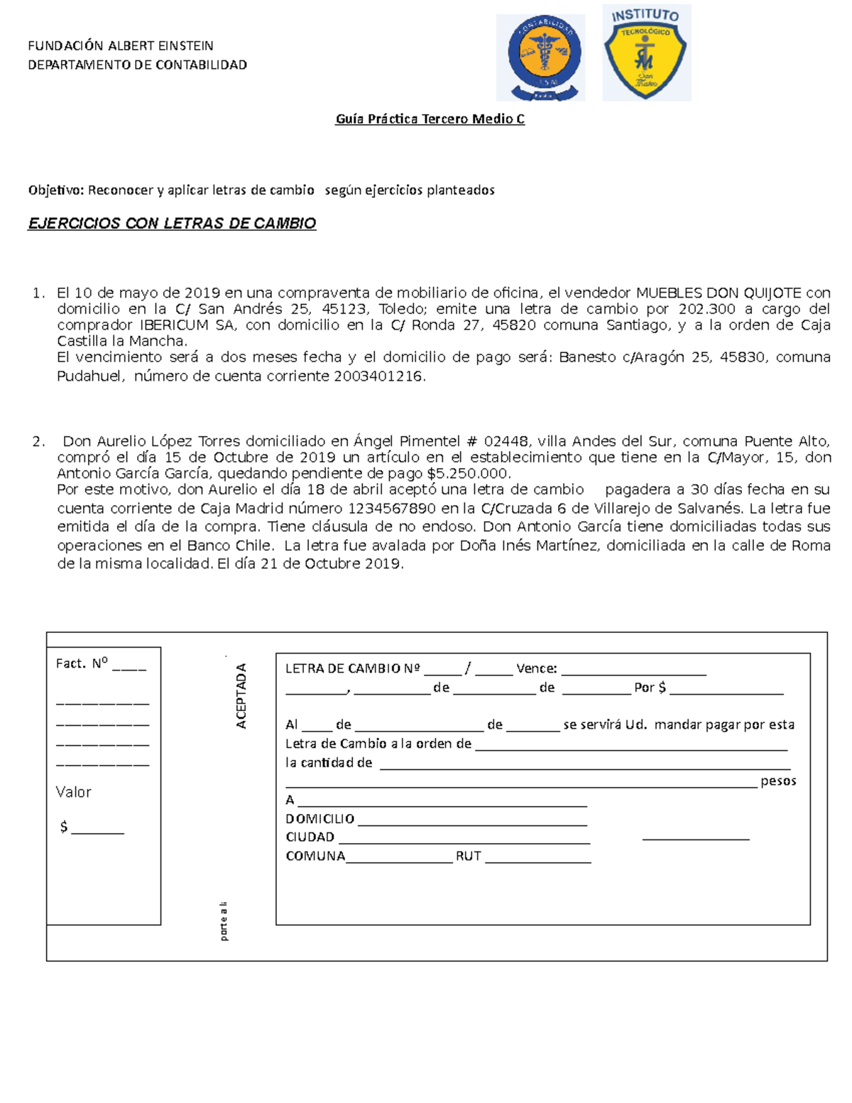 Ejercicio Práctico sobre Letras de Cambio - Contabilidad Tercero Medio ...