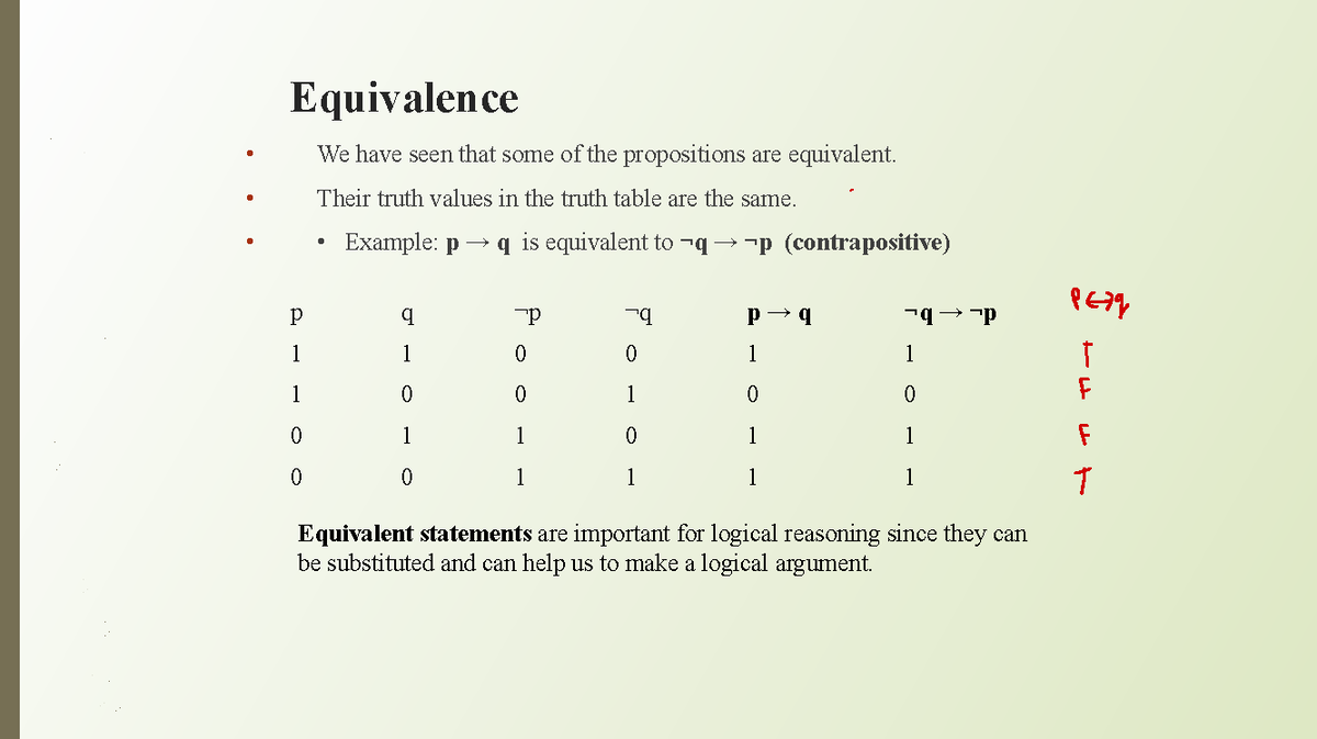 Lecture 2 - Discrete Mathematics - Equivalence • We have seen that some ...