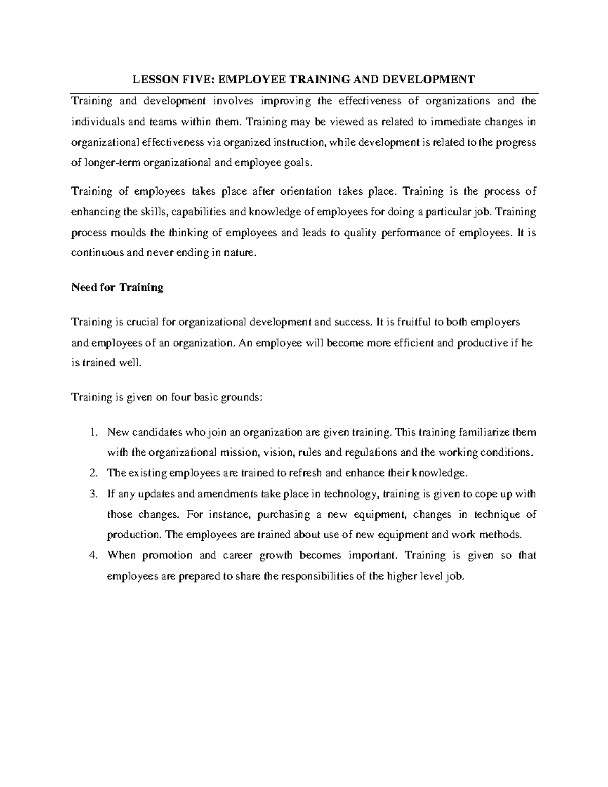Lesson FOUR Employee Training AND Development Notes - LESSON FIVE ...