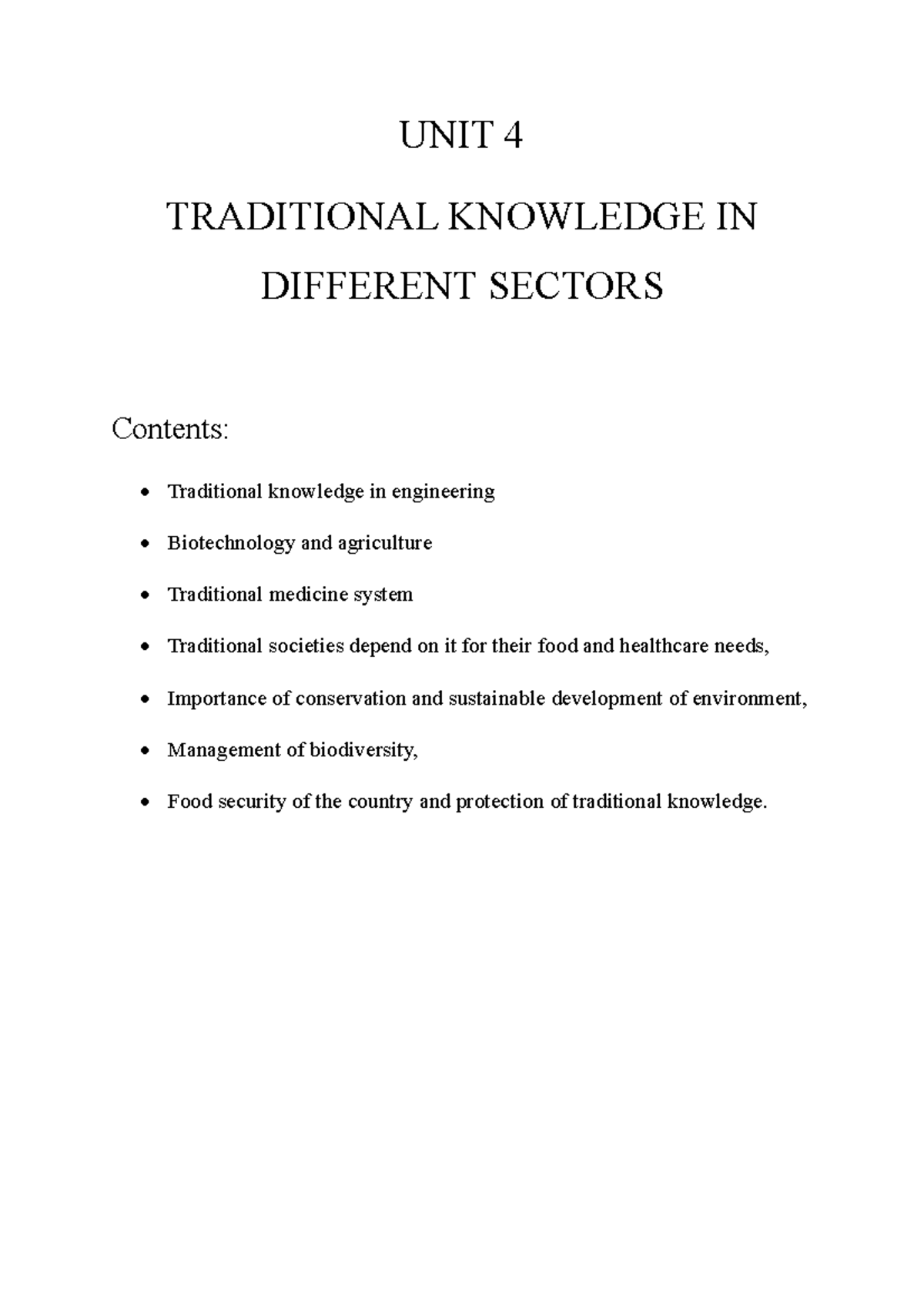 UNIT 4 Traditional Knowledge in Engineering and Agriculture - Studocu