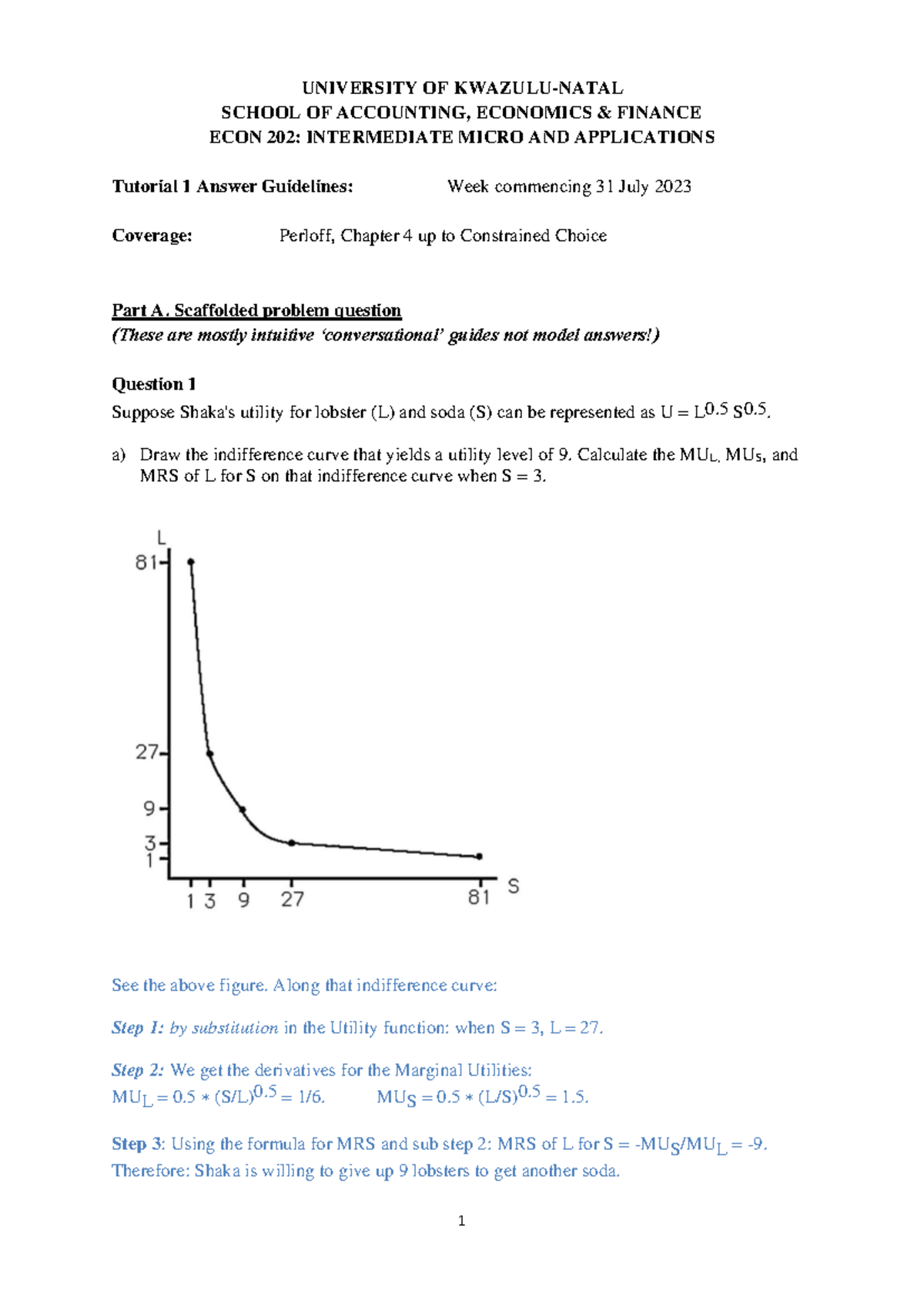 ECON 202: Tutorial 1 Solutions for Intermediate Microeconomics - Studocu