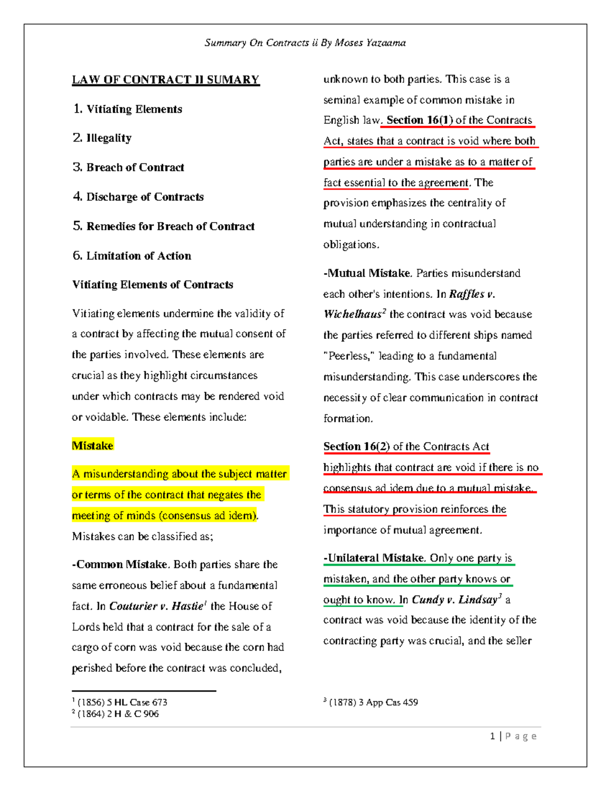 LAW OF CONTRACT II: Comprehensive Summary of Key Principles - Studocu