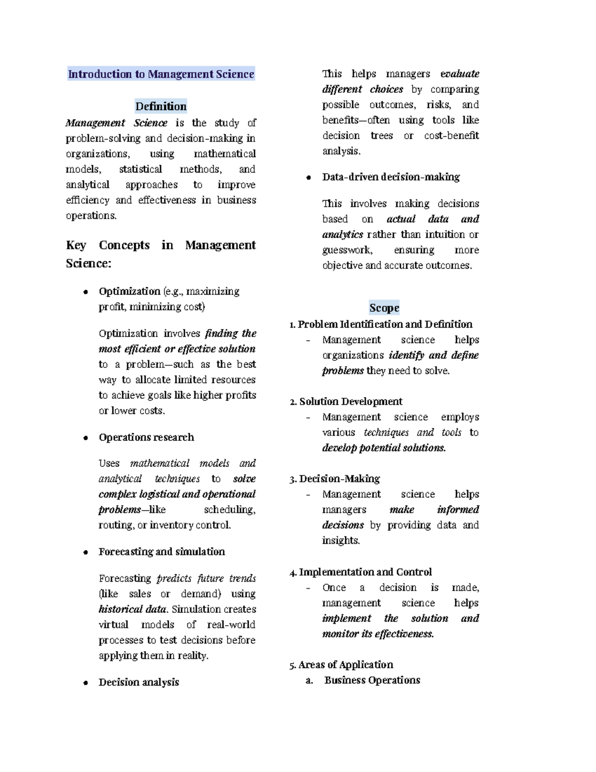 Management Science Overview: Key Concepts and Applications - Studocu