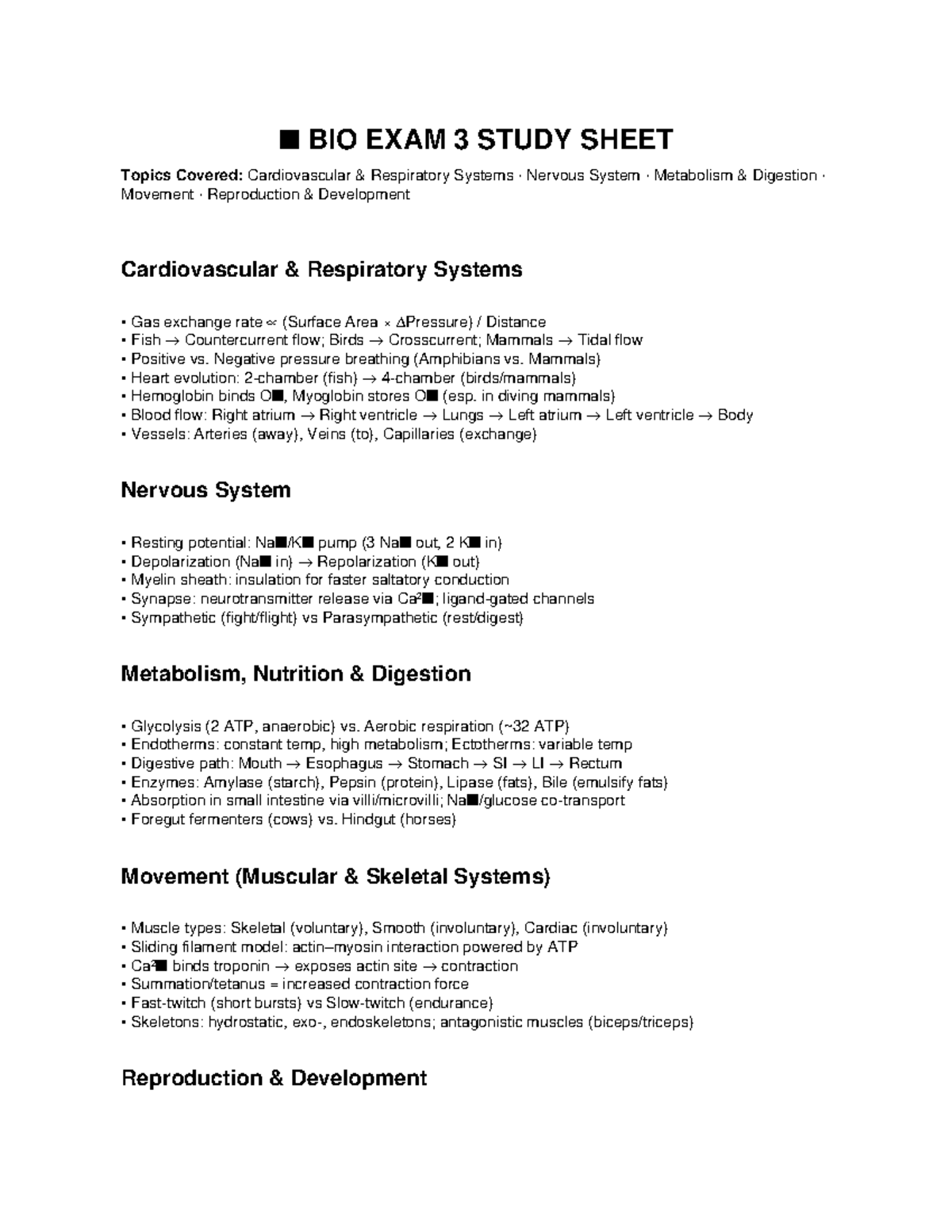 BIO 101 Final Exam Study Sheet: Cardiovascular, Nervous & More - Studocu