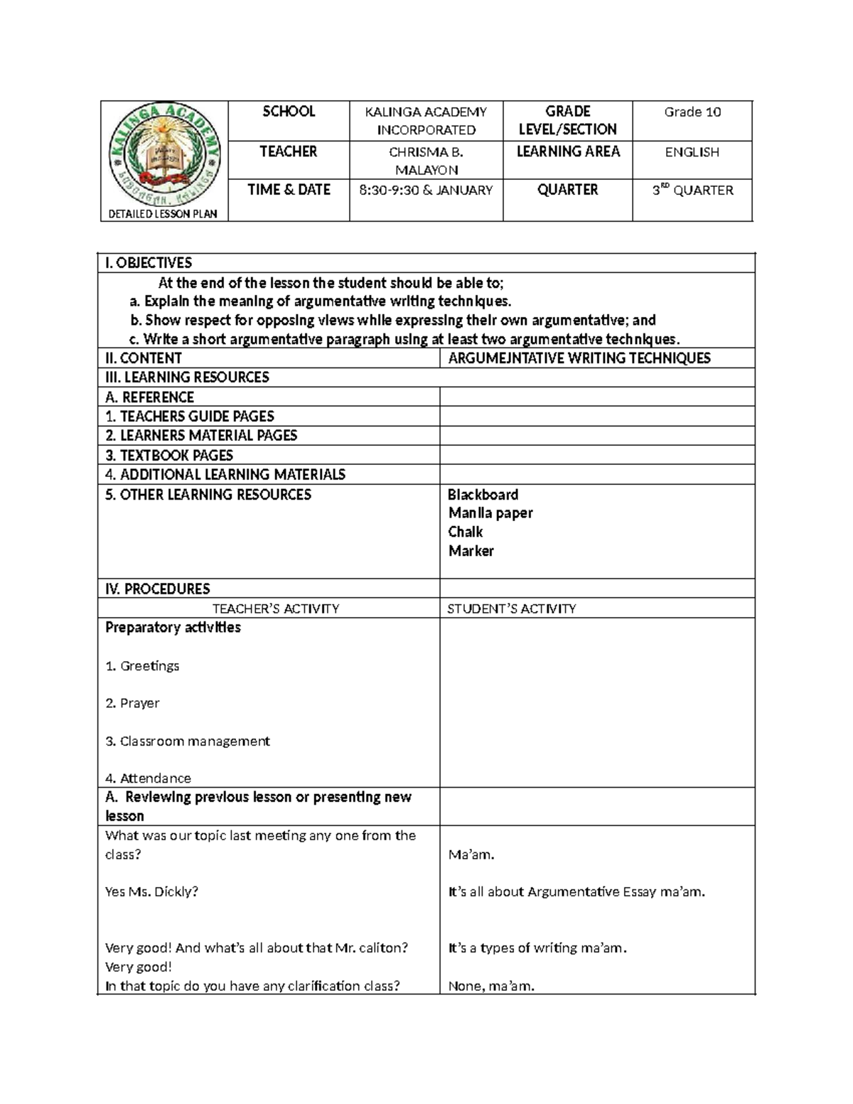 Grade 10 English Detailed Lesson Plan: Argumentative Writing Techniques ...