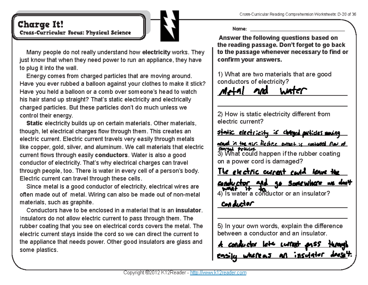 Electricity Reading Questions - Comprehension Worksheet D-20 - Studocu