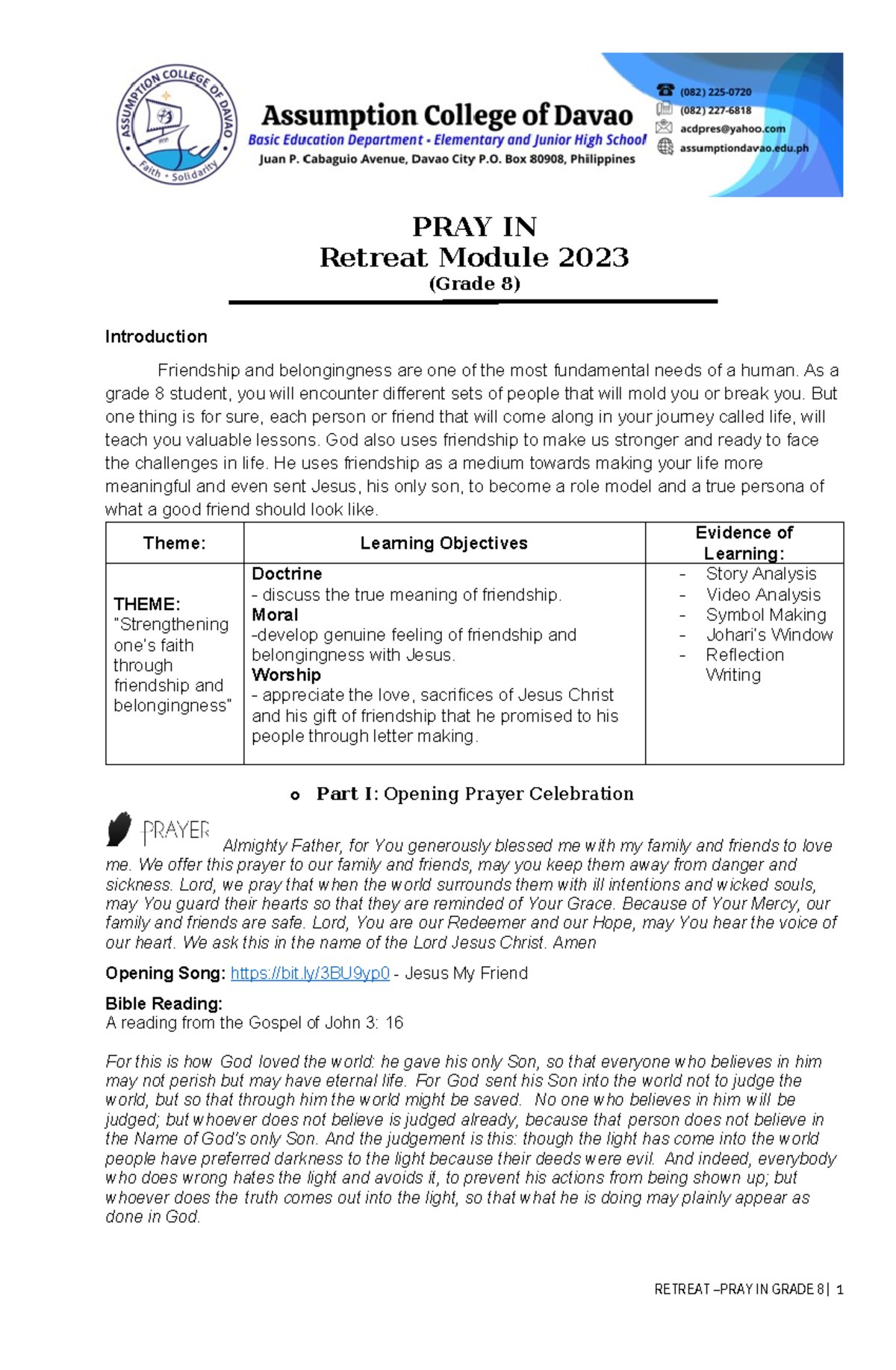 Grade 8 Retreat Module: Strengthening Faith Through Friendship 2023 ...