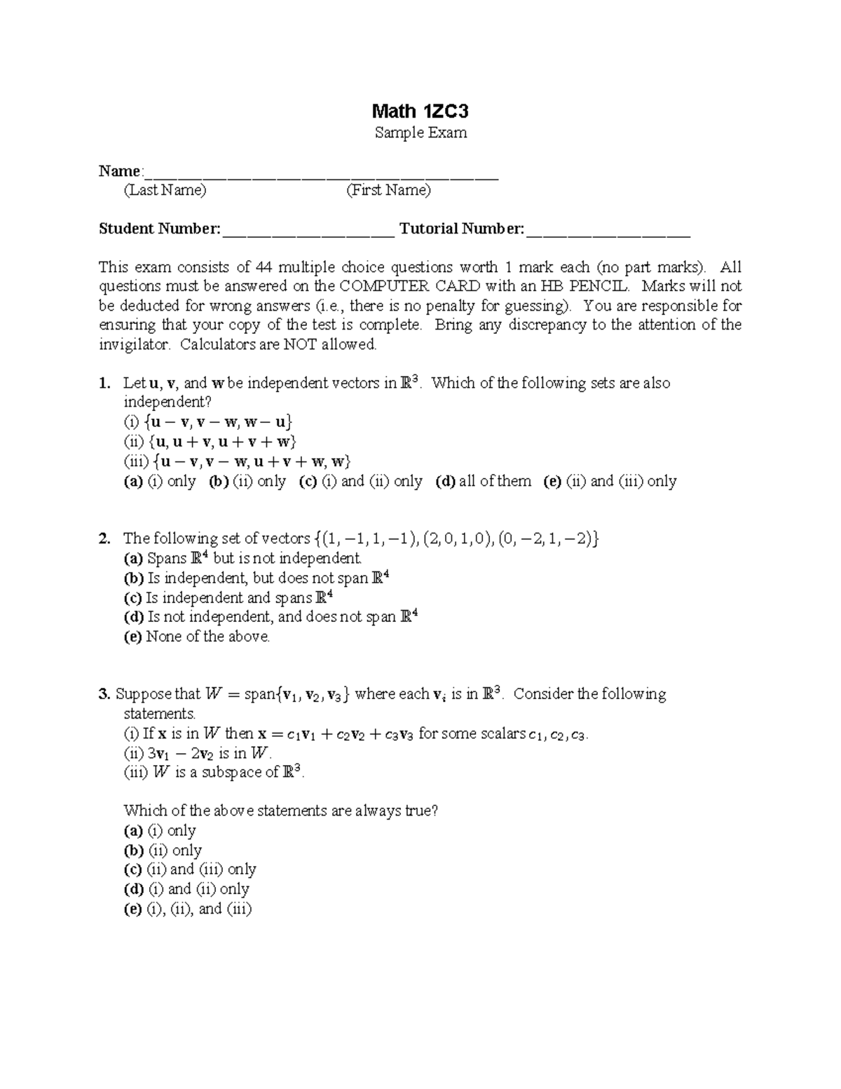 Sample Exam - Practice exam for 1ZC3 - Math 1ZC Sample Exam - Studocu