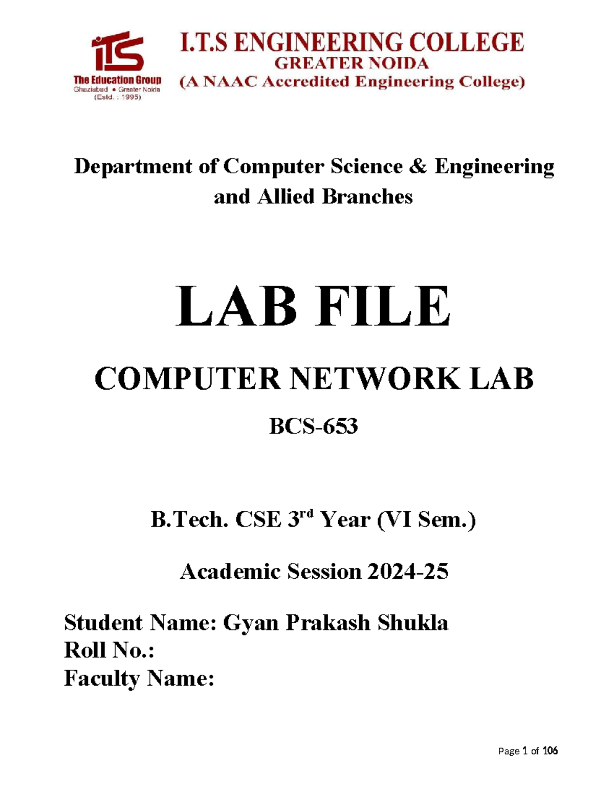 BCS653 Computer Networks Lab File - B.Tech CSE 3rd Year (VI Sem) - Studocu