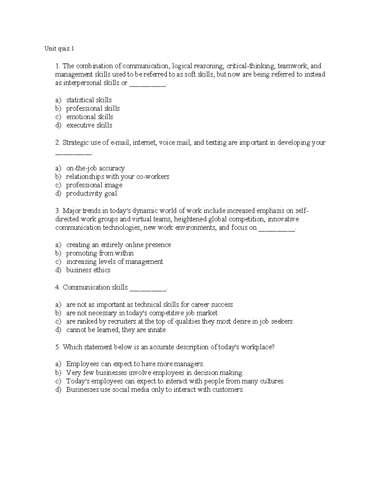Unit Quiz 1-5 & 9: Interpersonal Skills & Communication Strategies ...
