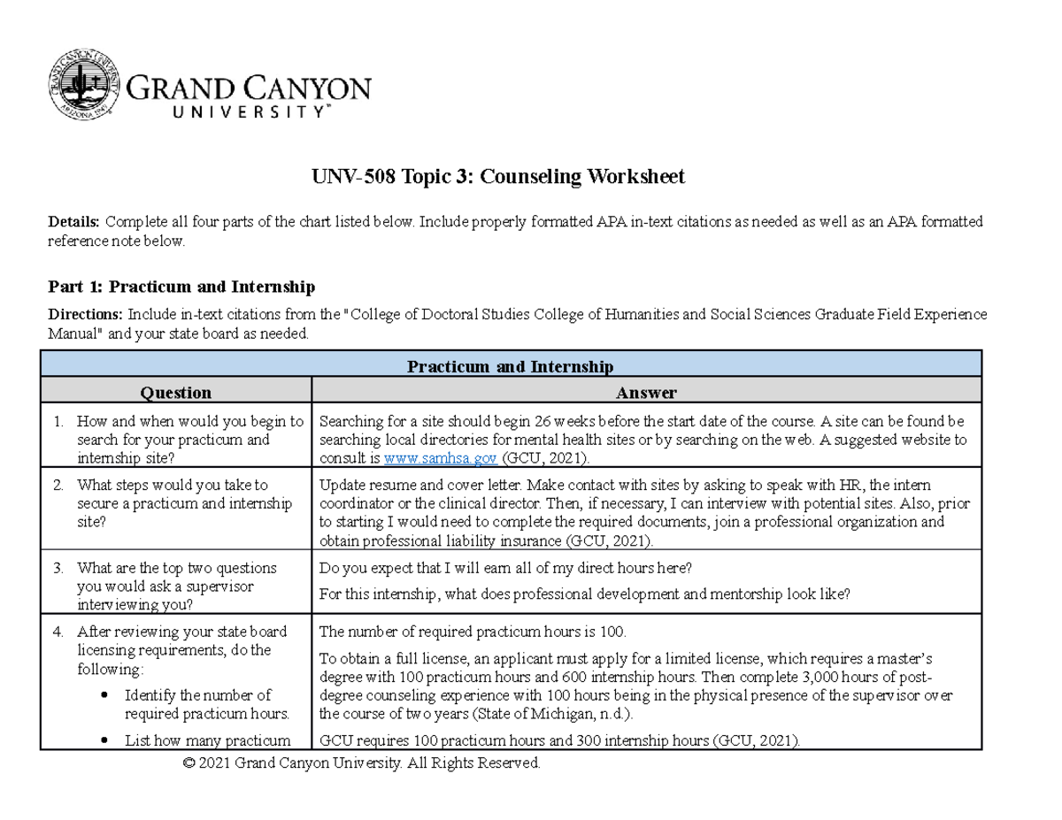 UNV-508 Counseling Worksheet Assignment: Practicum and Professional ...